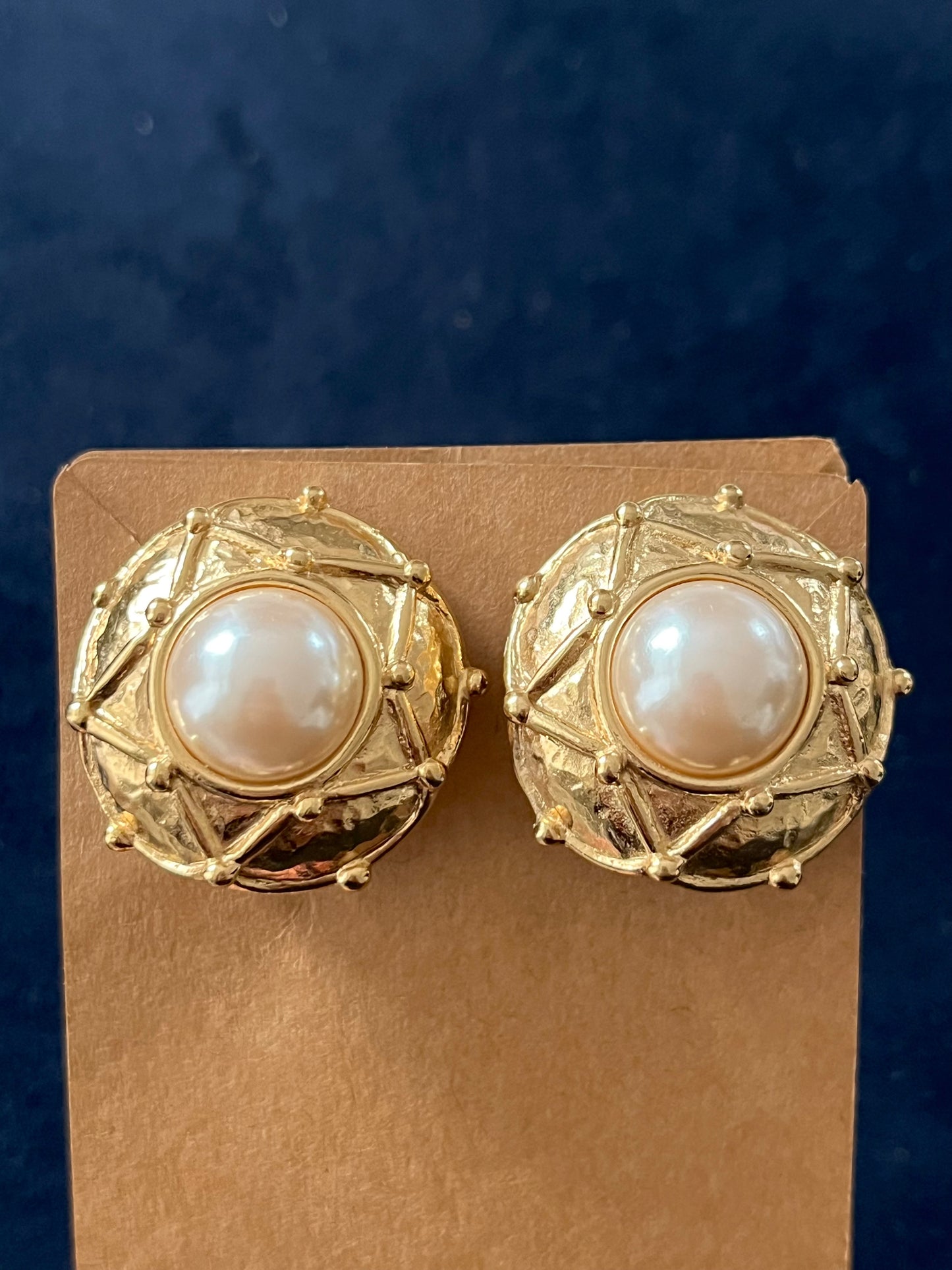 Vintage Givenchy Pearl Quilted Checkered Edge Round Gold-Tone Clip-On Earrings