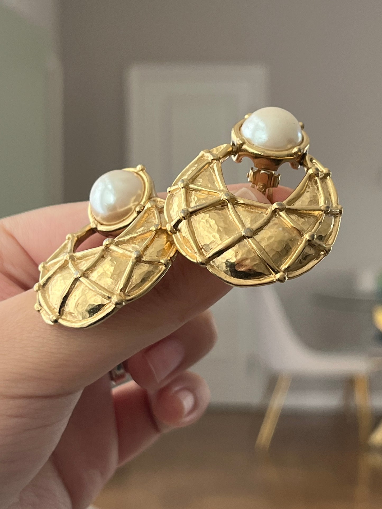 Vintage Givenchy Door Knocker Round Pearl Quilted Drop Gold-Tone Clip-On Earrings