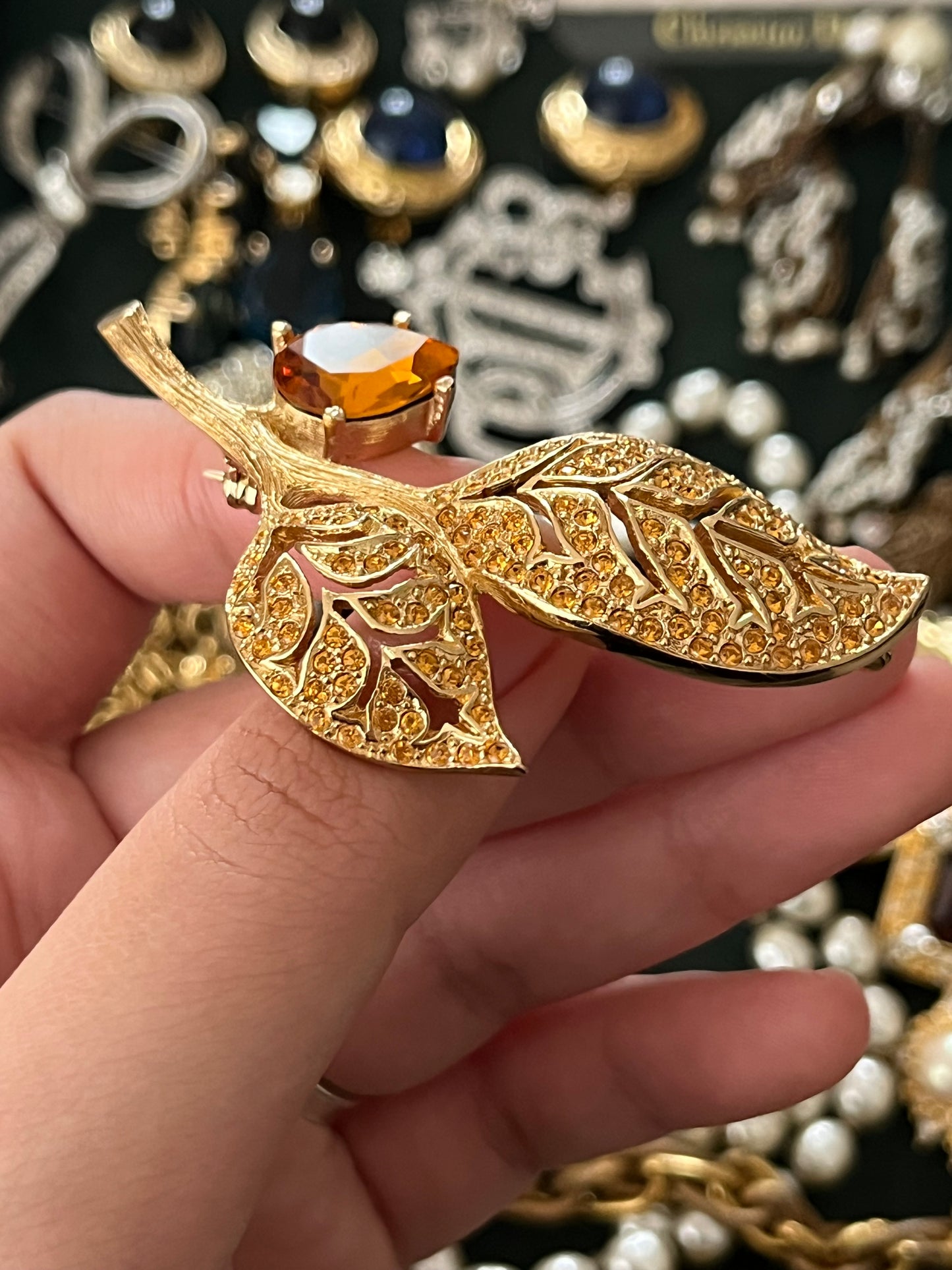 Vintage Christian Dior Leaf Branch Teardrop Orange Rhinestone Prong Gold-Tone Brooch