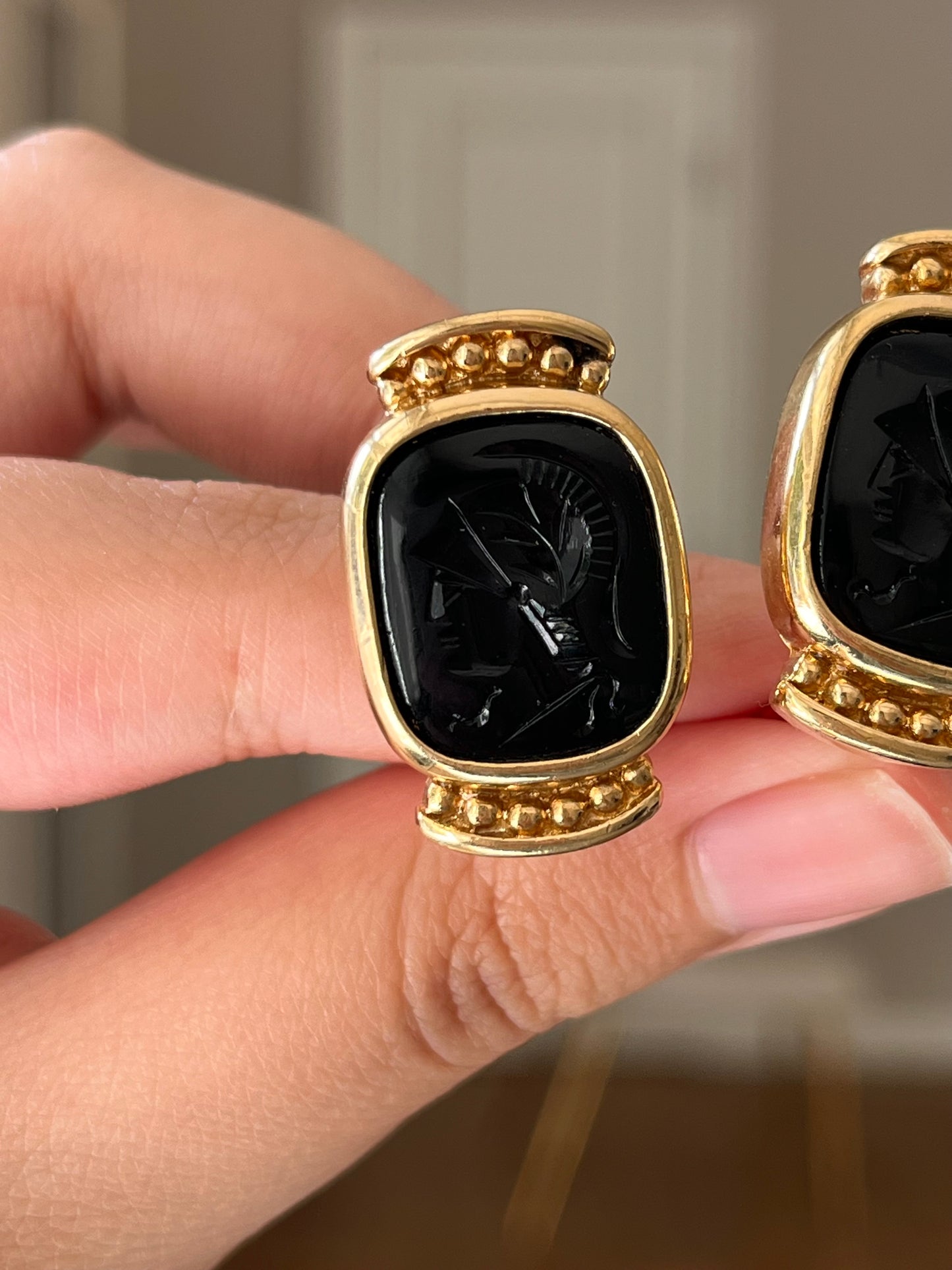 Vintage Givenchy Greek Hoplite Cameo Black Molded Glass Cabochon Gold-Tone Clip-On Earrings