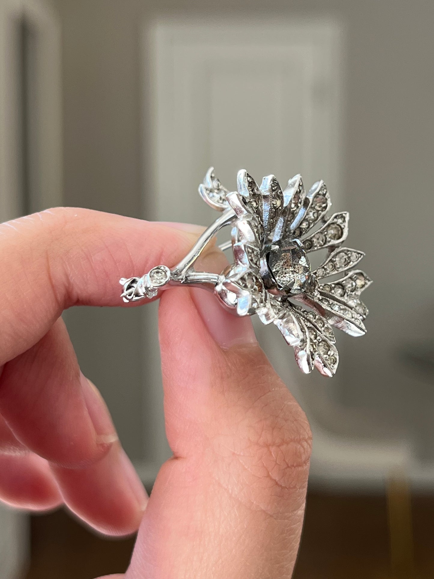 Vintage Christian Dior By Kramer 1940s "En Trembler" Trembling Flower Rhinestone Silver-Plated Brooch