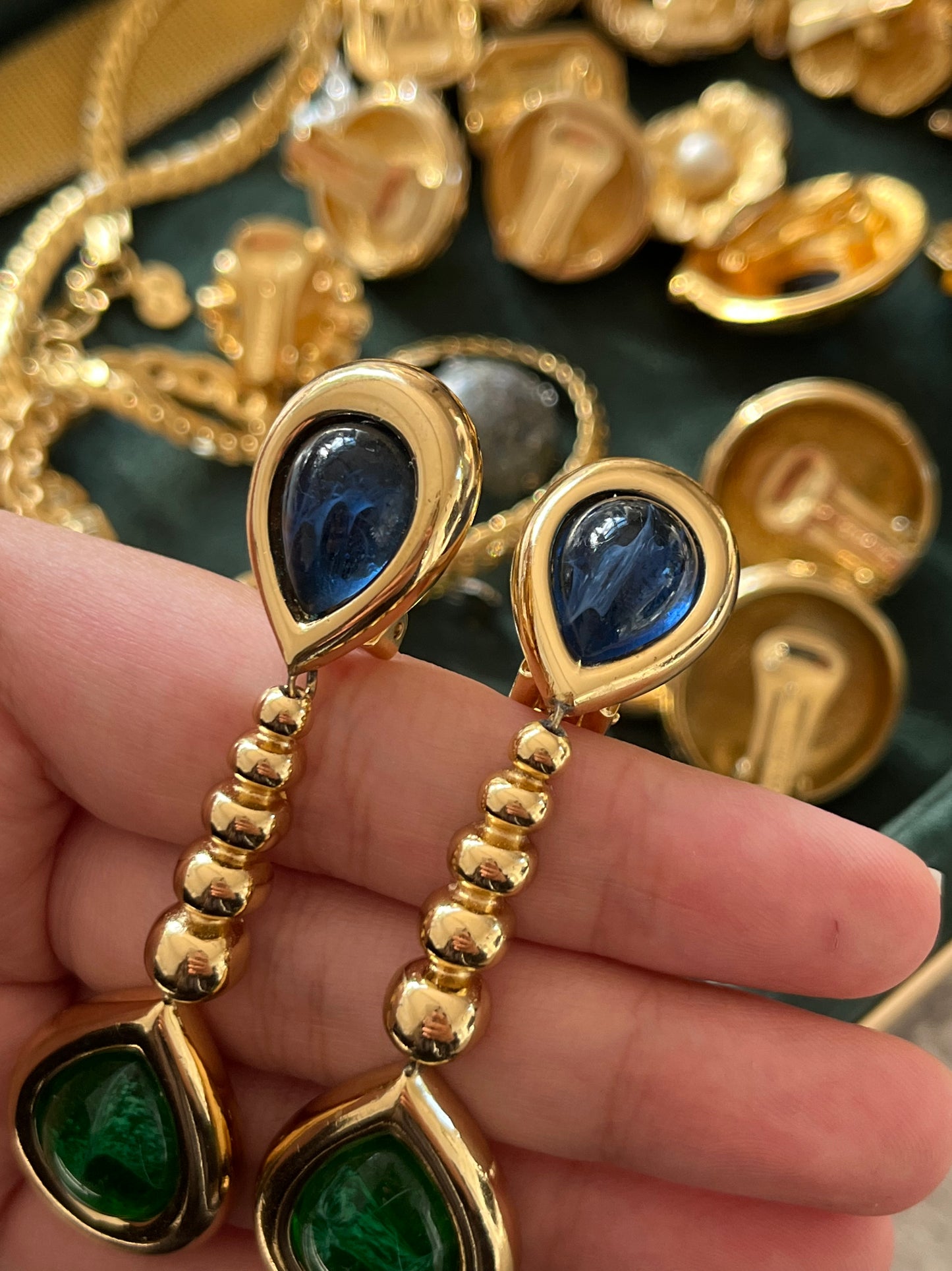 Vintage Christian Dior Teardrop Blue Green Swirly Poured Glass Cabochon Dangle Drop Long Shoulder Brush Gold-Plated Clip-On Earrings