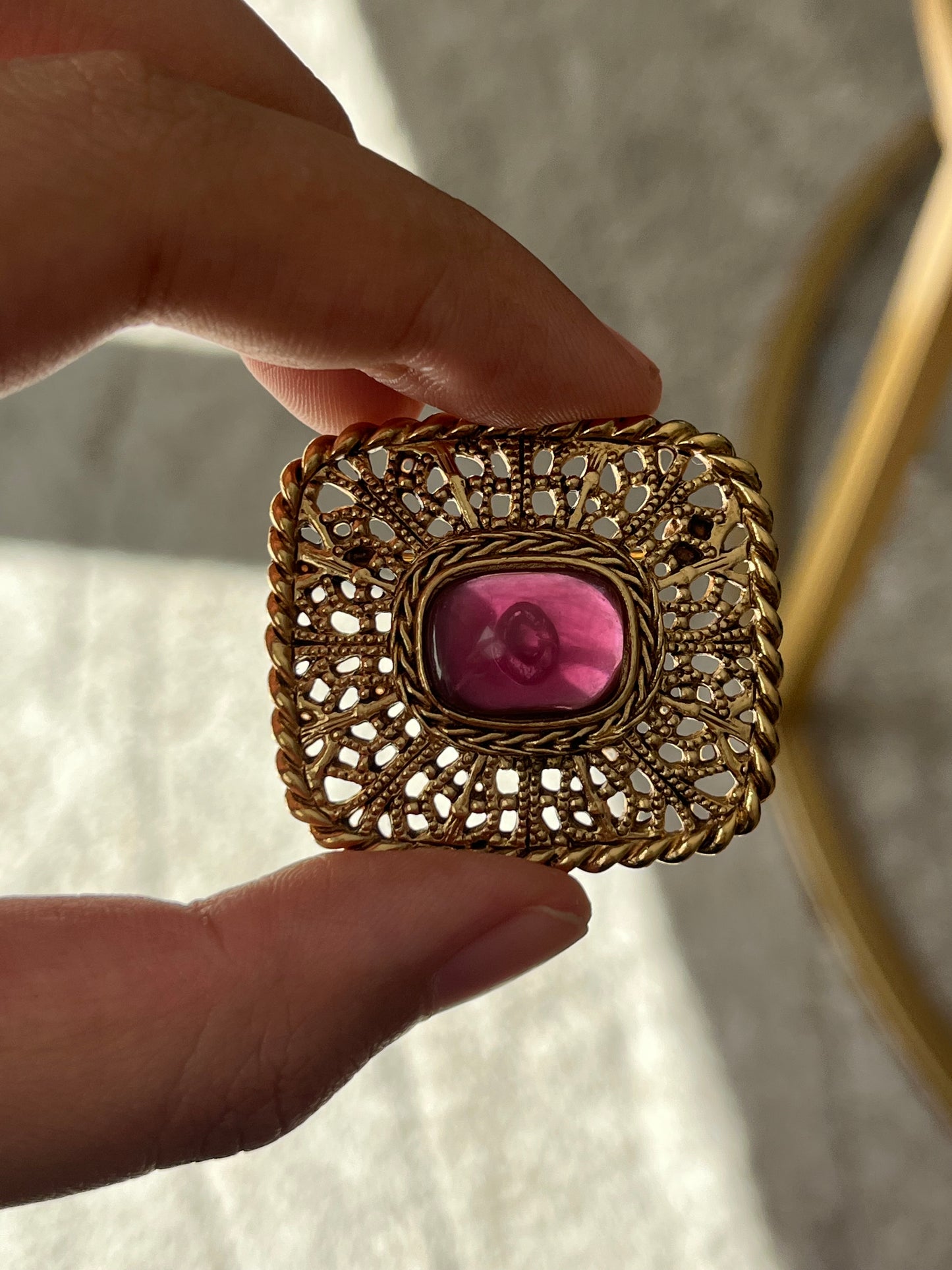 Vintage Givenchy "Filigree" Collection Book Piece Purple Resin Cabochon Rectangular Gold-Plated Brooch