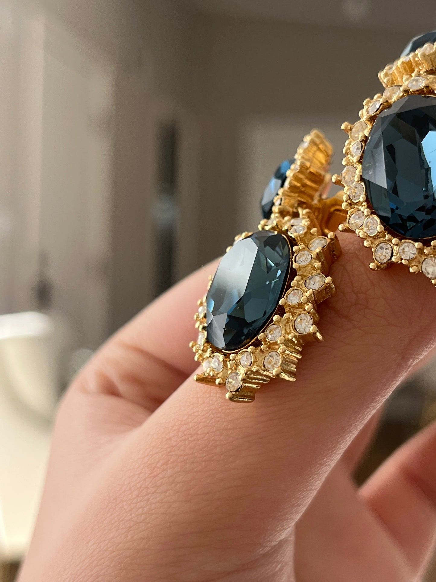 Vintage Christian Dior "Starburst" Collection Oval Blue Rhinestone Drop Dangle Gold-Tone Clip-On Earrings