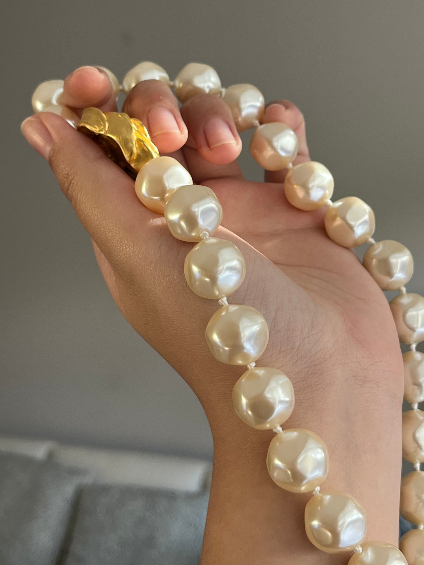 Vintage Givenchy "Rose" Collection Large Baroque Pearl Matte Gold Beaded Statement Necklace