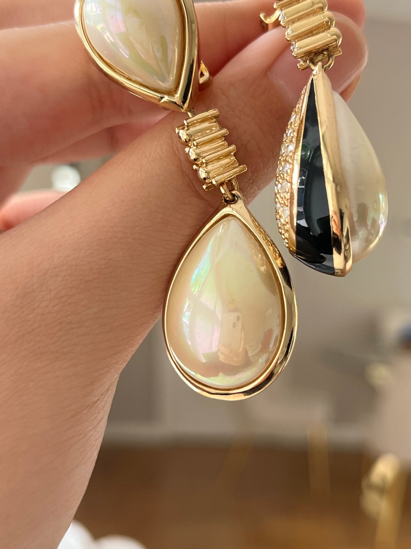 Vintage Christian Dior Pearl Black Enamel Rhinestone Pavé Teardrop Dangle Drop Long Shoulder Brush Two-Side Gold-Tone Clip-On Earrings