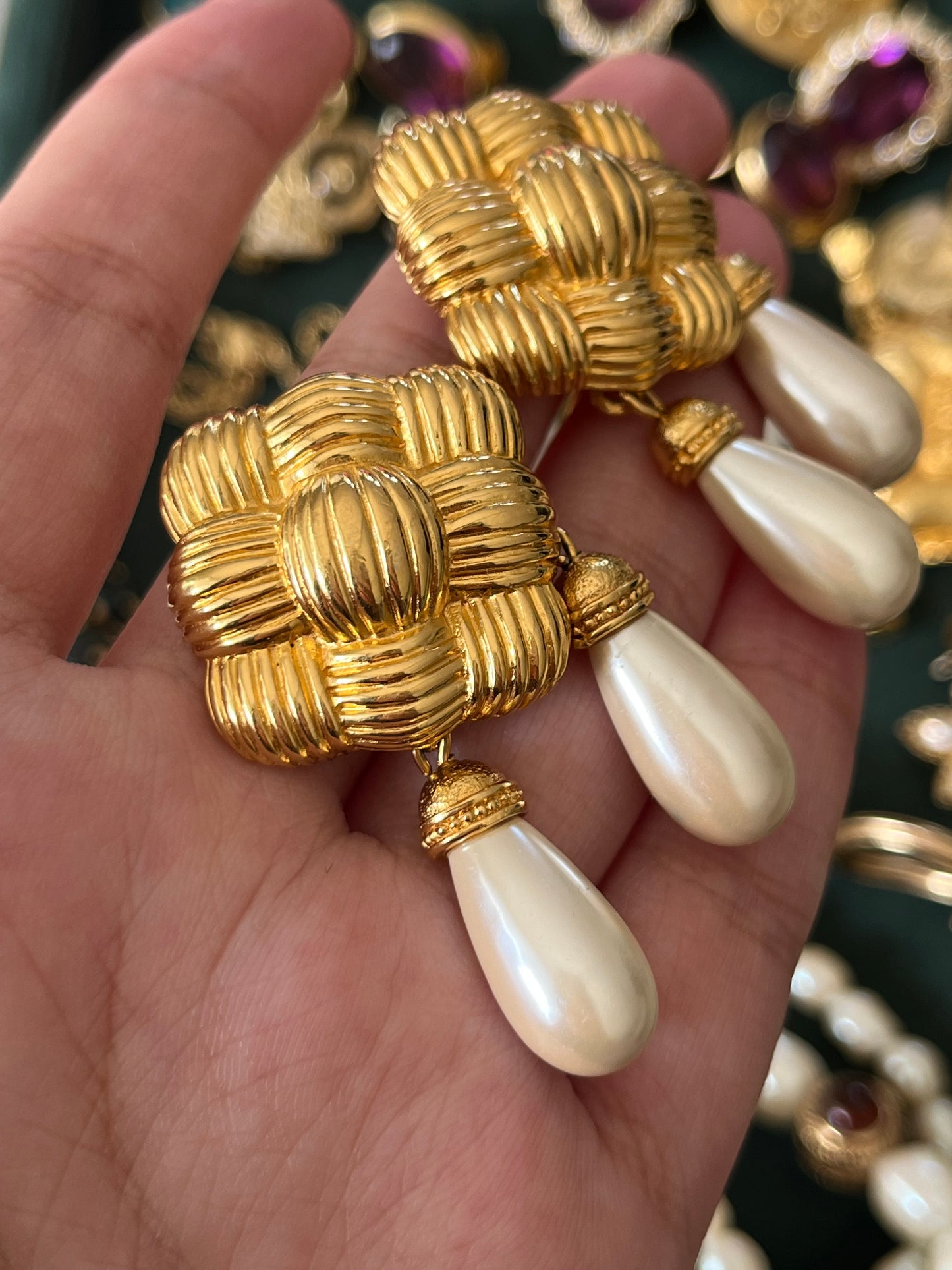 Vintage Fendi "Braided Croissant" Collection Pearl Dangle Drop Gold-Tone Clip-On Earrings