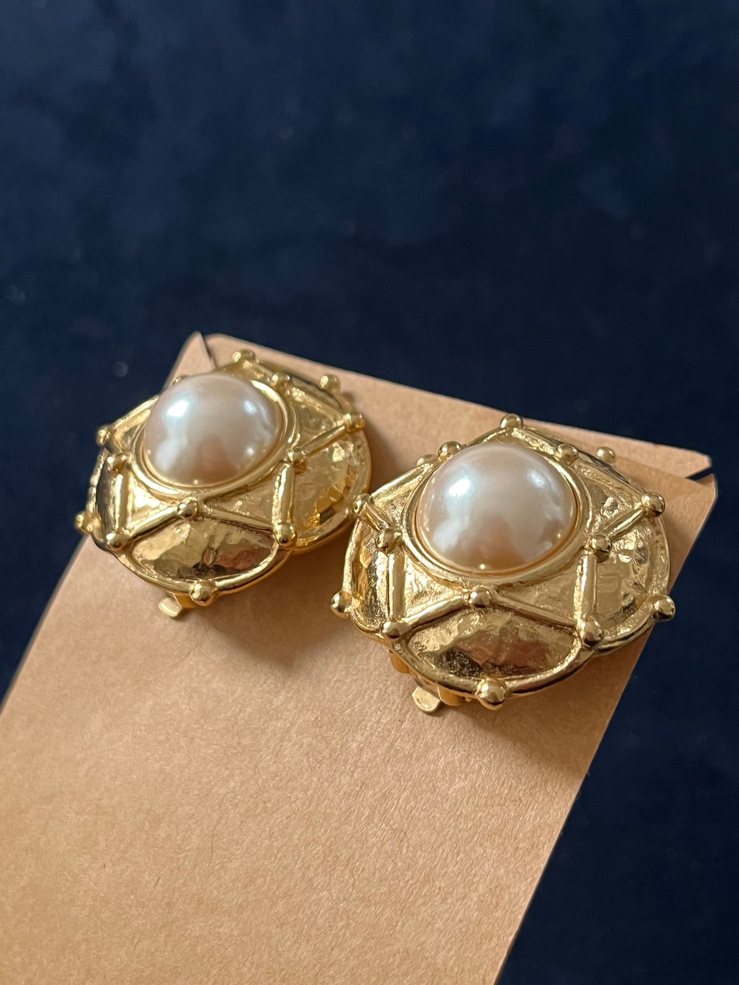 Vintage Givenchy Pearl Quilted Checkered Edge Round Gold-Tone Clip-On Earrings