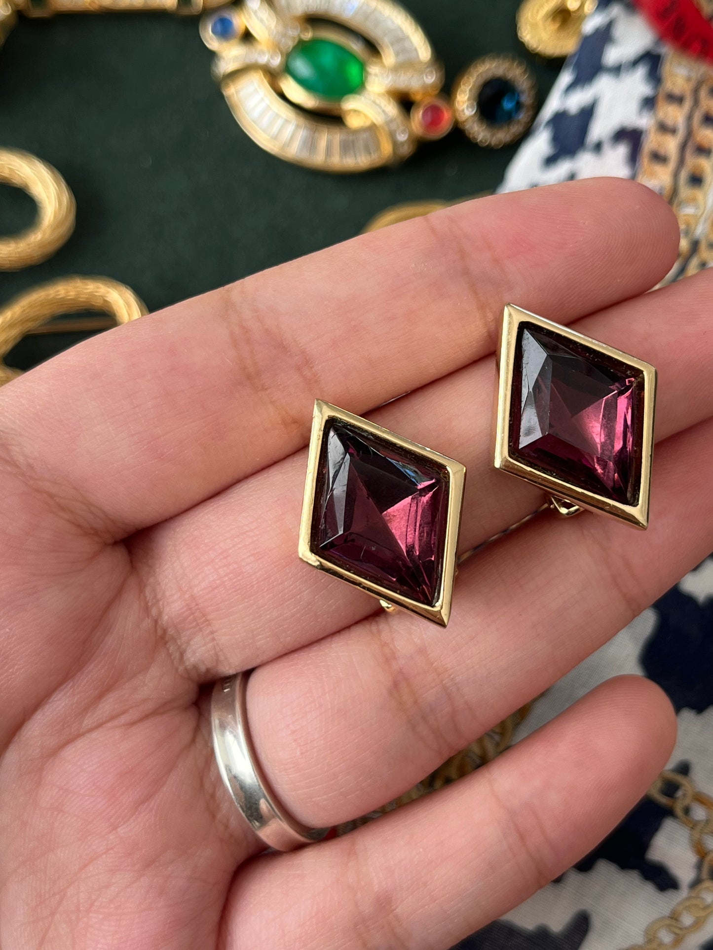 Vintage Christian Dior Diamond Cut Purple Rhinestone Bezel Set Gold-Tone Clip-On Earrings