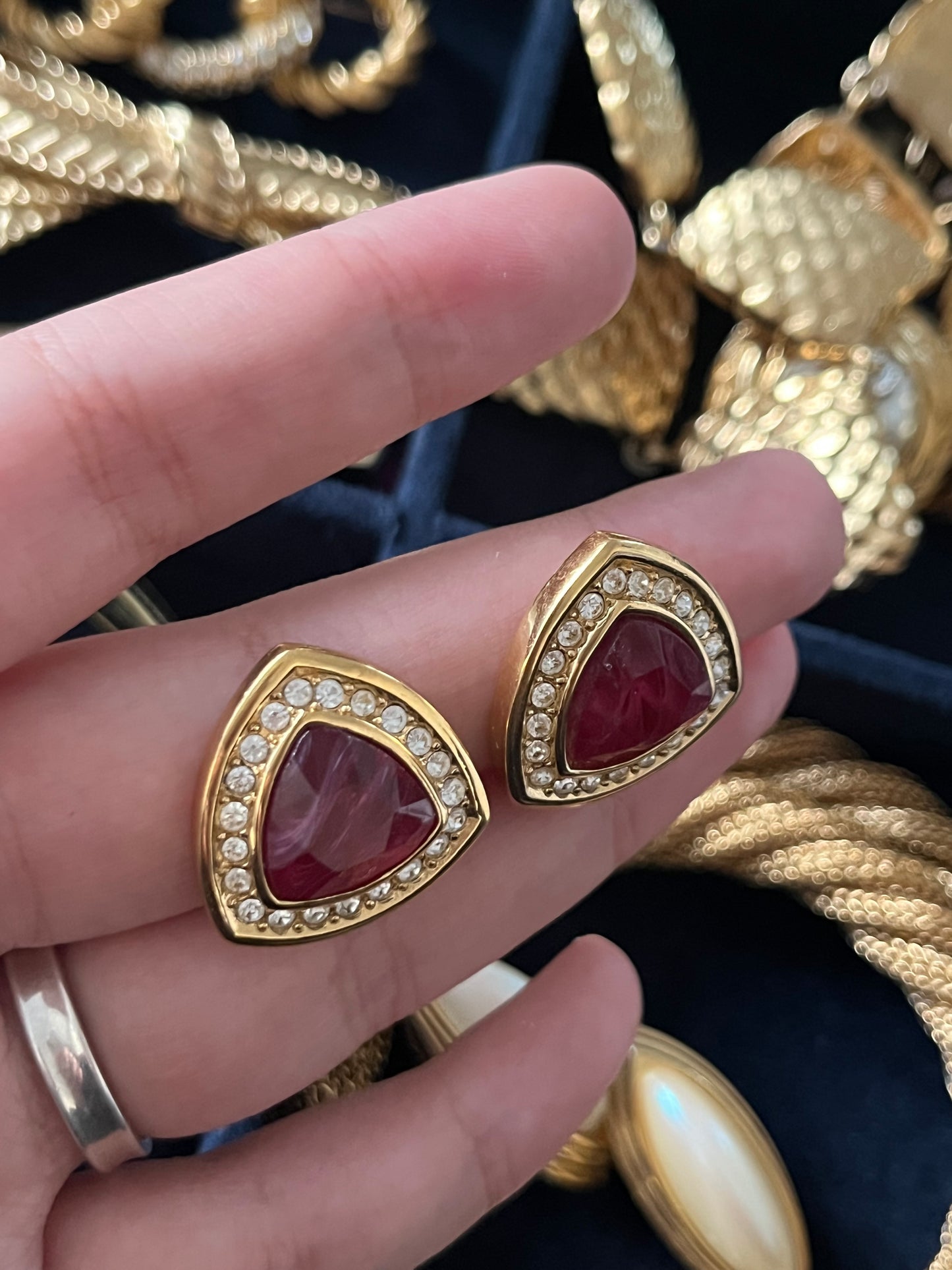 Vintage Christian Dior Triangular Red Swirly Glass Cabochon Rhinestone Edge Gold-Tone Clip-On Earrings