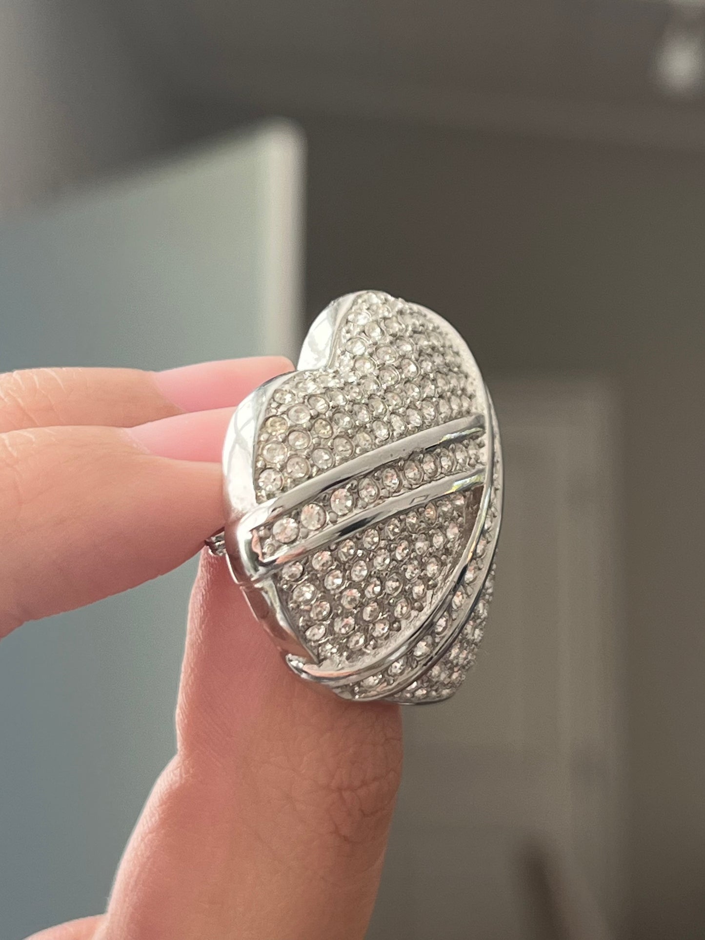 Vintage Christian Dior Wrapped Heart Rhinestone Pavé Silver-Plated Brooch