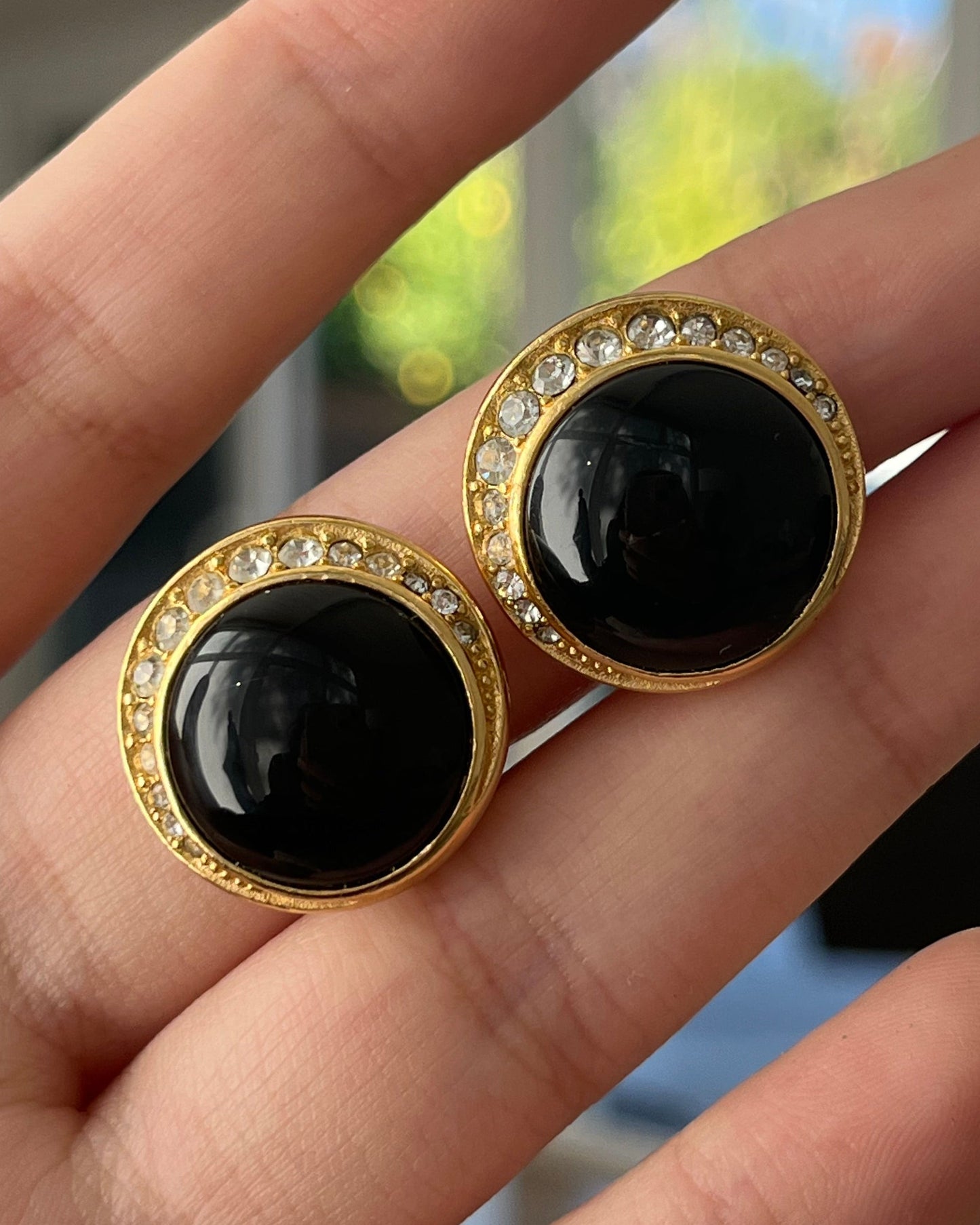 Vintage Christian Dior Round Black Poured Glass Cabochon Rhinestone Gold-Tone Clip-On Earrings
