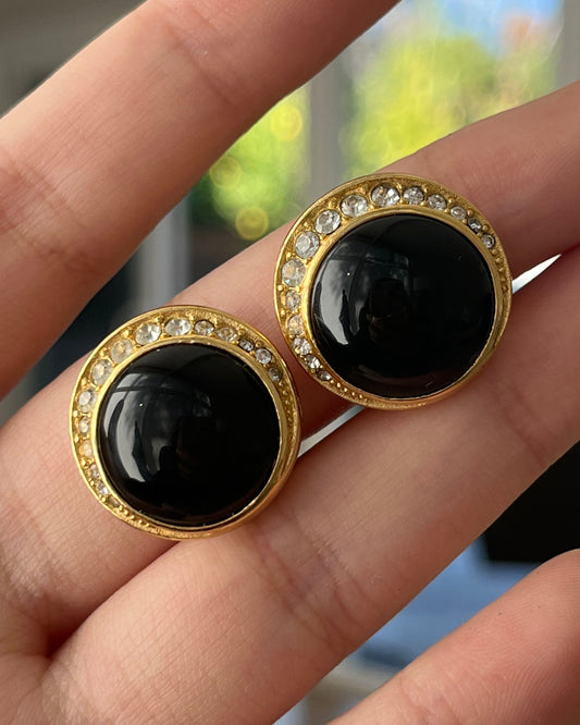Vintage Christian Dior Round Black Poured Glass Cabochon Rhinestone Gold-Tone Clip-On Earrings