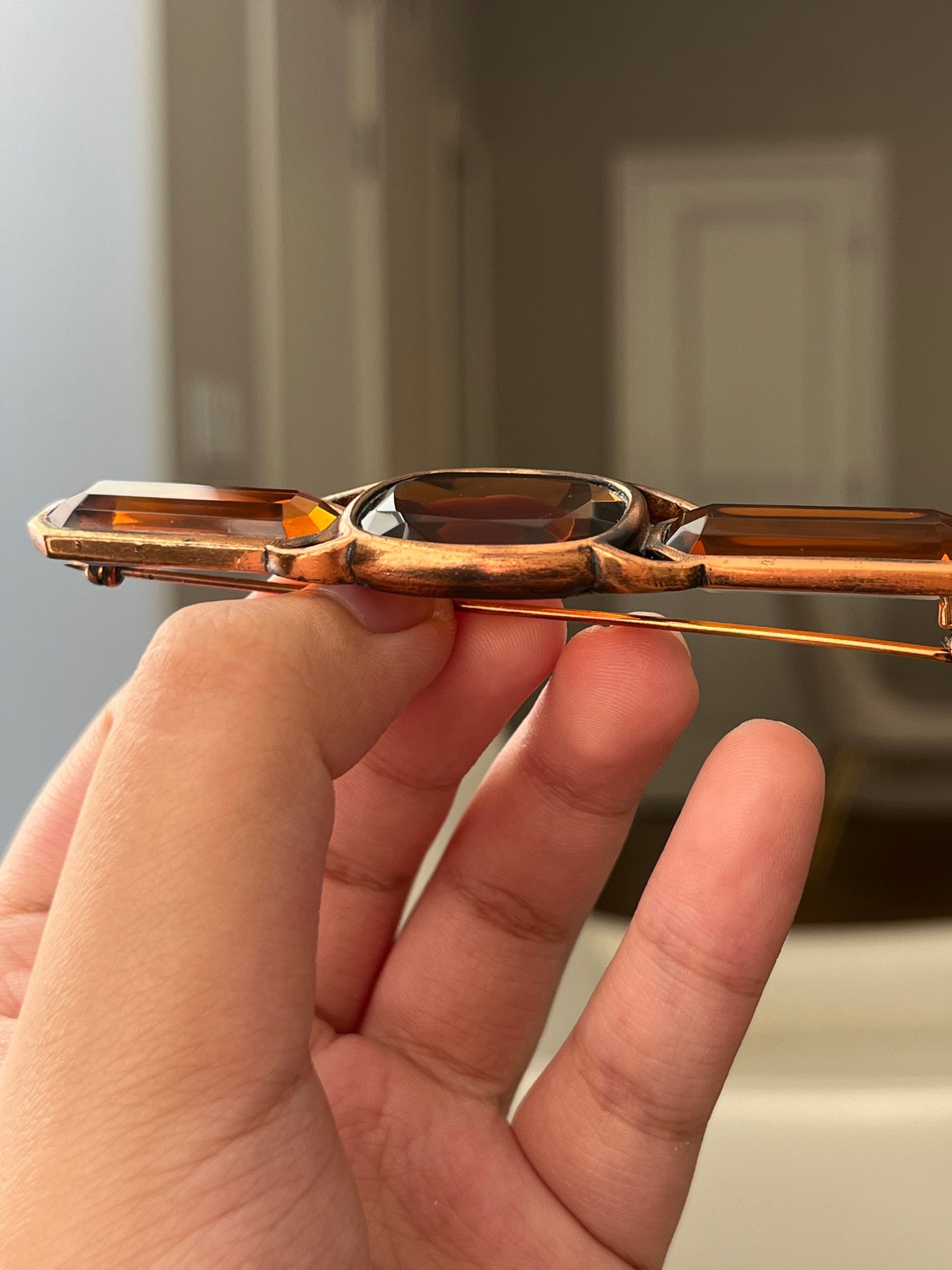 Vintage Yves Saint Laurent YSL Large Open Back Brown Rhinestone Rose Gold-Tone Bar Brooch