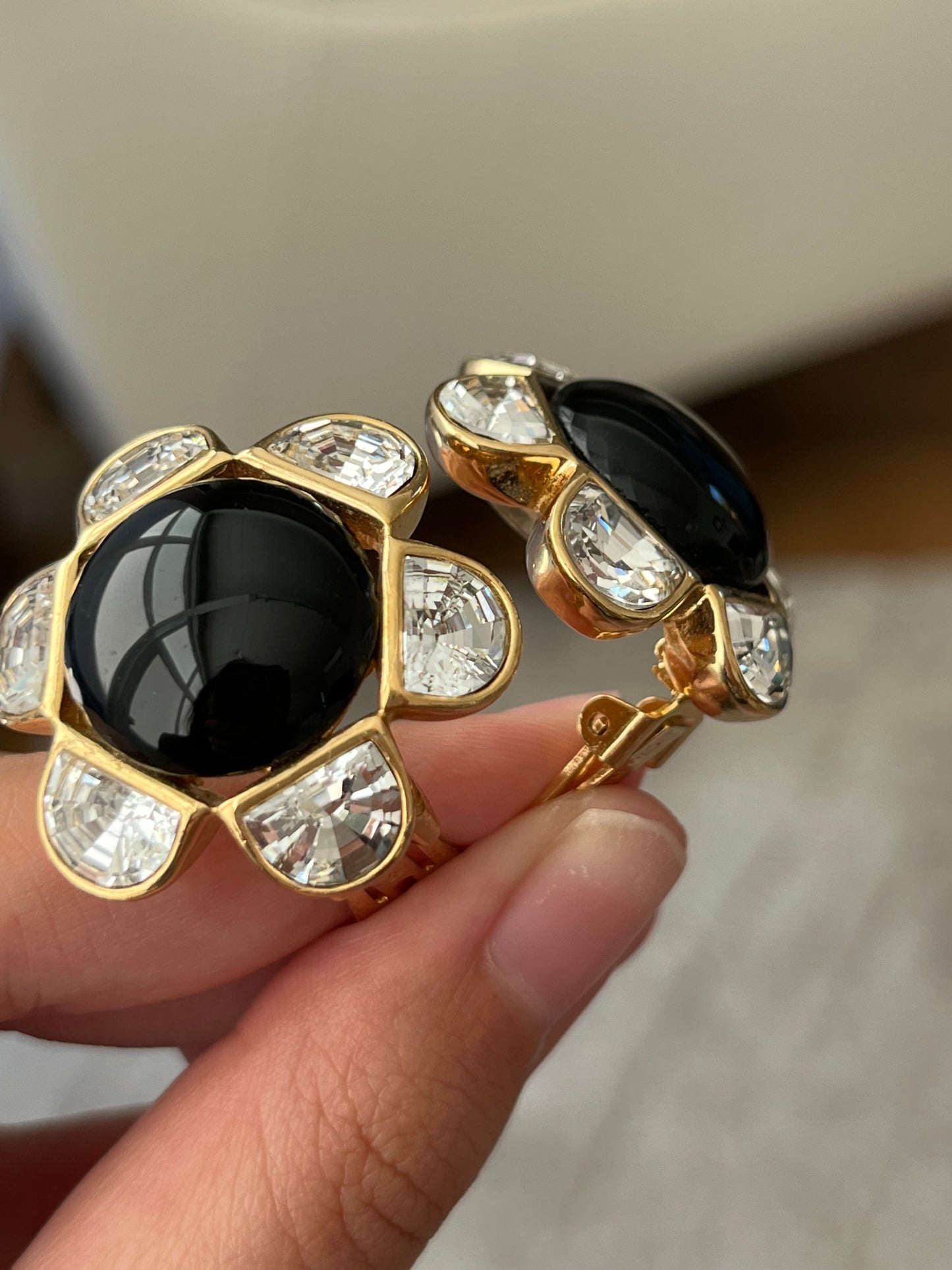 Vintage Christian Dior Flower Round Black Poured Glass Cabochon Large Rhinestone Pedal Gold-Plated Clip-On Earrings