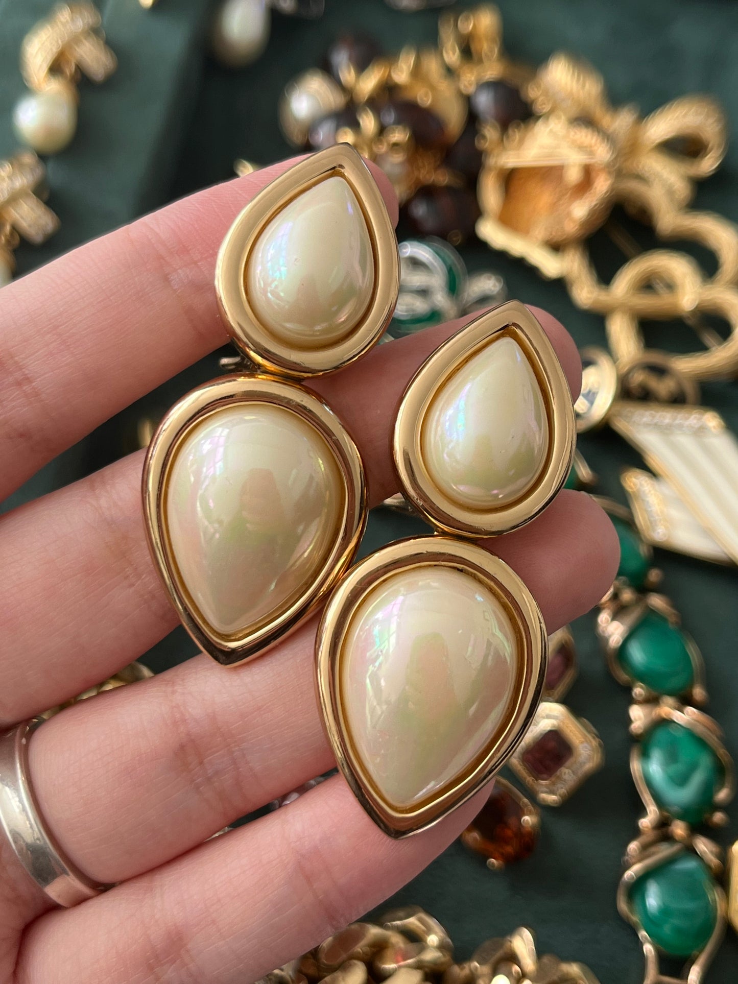 Vintage Christian Dior Teardrop Pearl Cabochon Dangle Drop Gold-Tone Clip-On Earrings