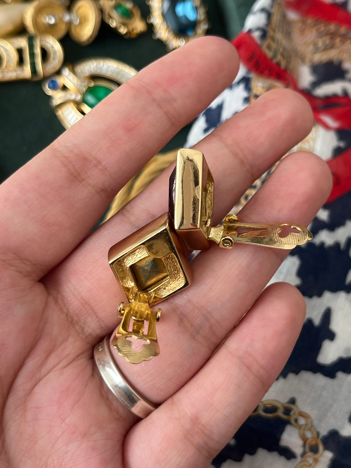 Vintage Christian Dior Diamond Cut Purple Rhinestone Bezel Set Gold-Tone Clip-On Earrings