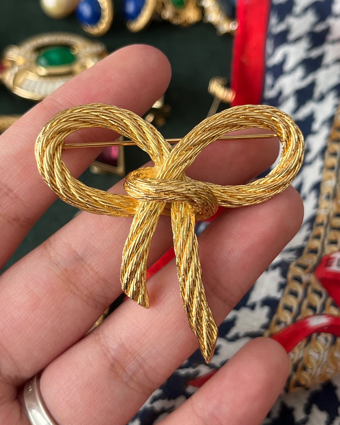 Vintage Christian Dior "Rope" Collection Bow Tie Butterfly Knot Braided Rope Brushed Gold-Tone Brooch