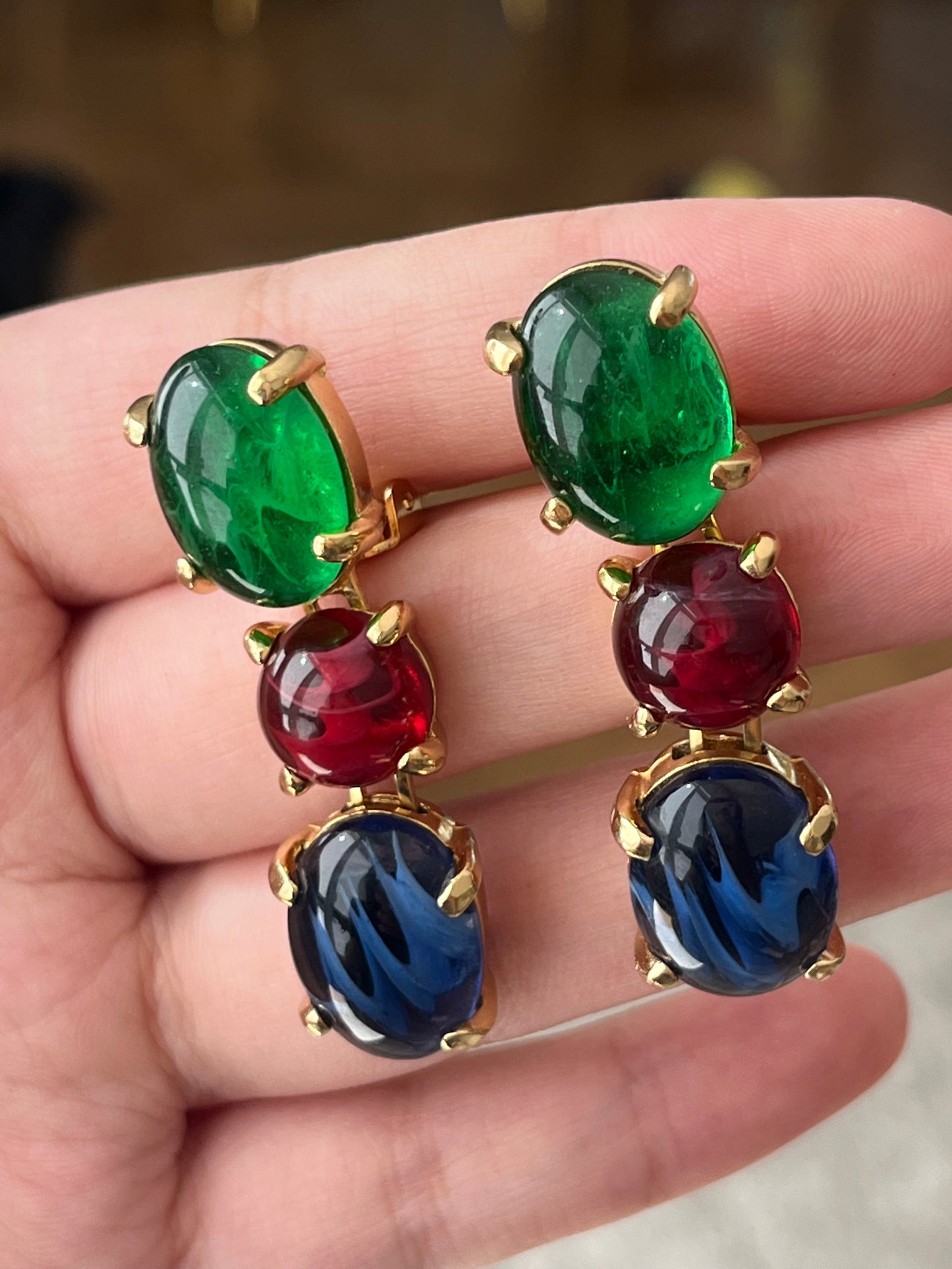 Vintage Christian Dior Tri-Color Oval Poured Swirly Glass Cabochon Prong Drop Gold-Tone Clip-On Earrings