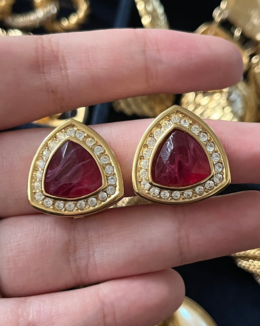 Vintage Christian Dior Triangular Red Swirly Glass Cabochon Rhinestone Edge Gold-Tone Clip-On Earrings