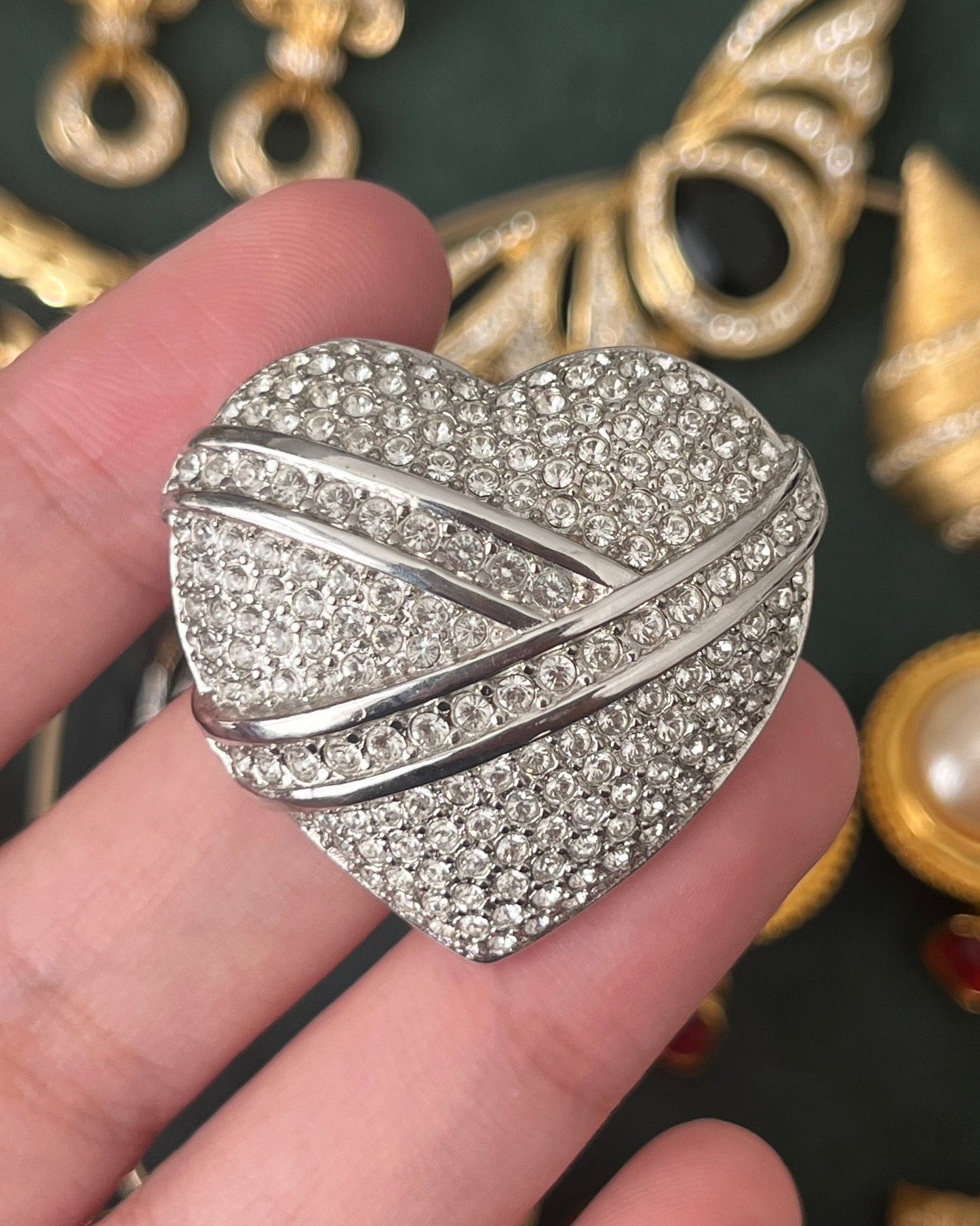 Vintage Christian Dior Wrapped Heart Rhinestone Pavé Silver-Plated Brooch