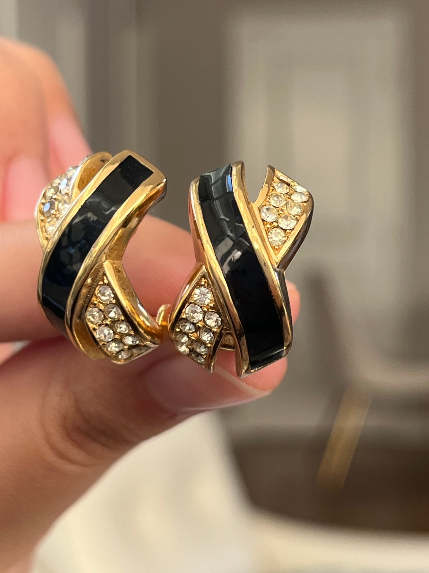 Vintage Christian Dior Classic "X" Cross Black Enamel Rhinestone Pavé Gold-Plated Clip-On Earrings