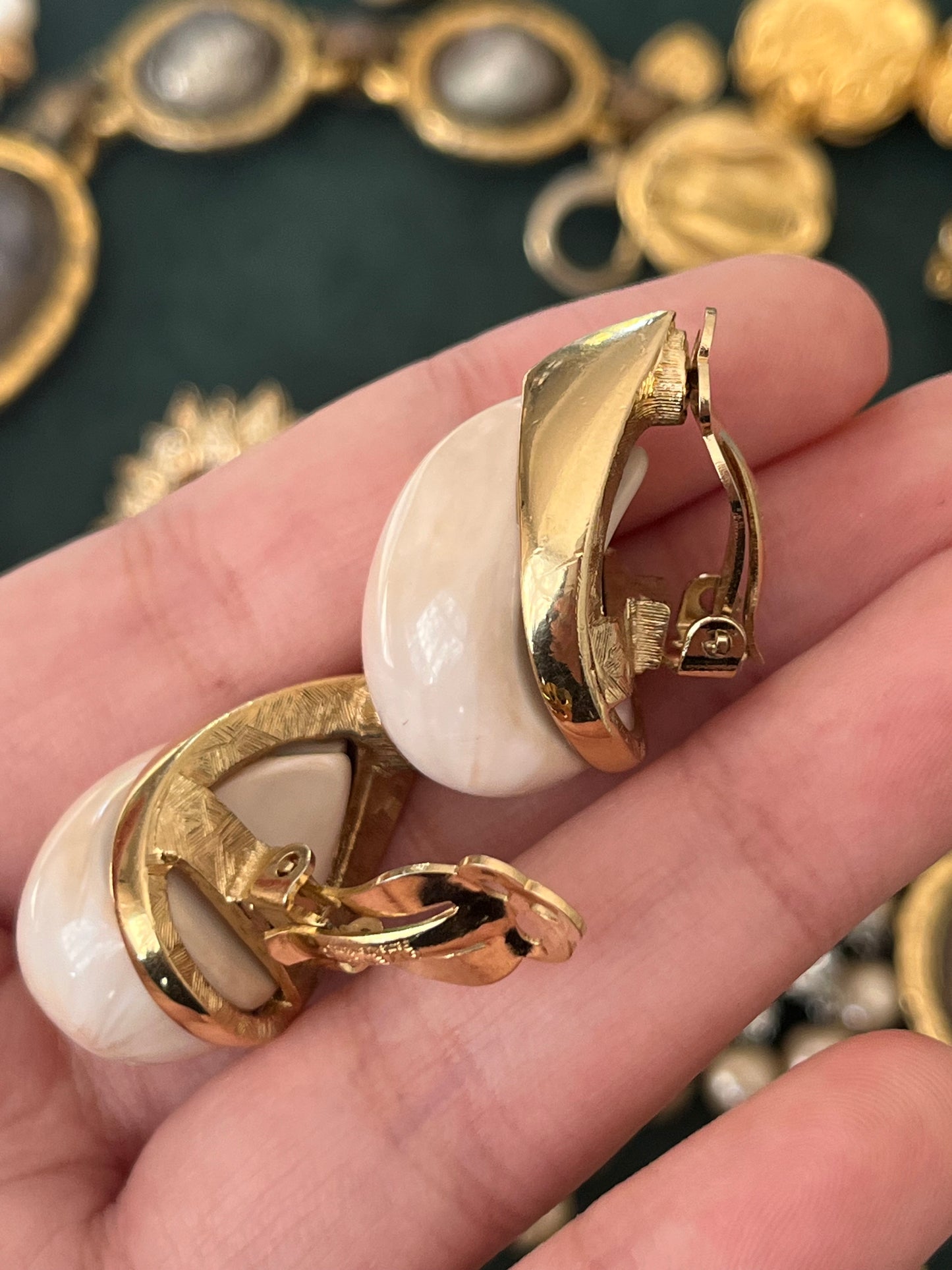 Vintage Givenchy Teardrop Cream Faux Marble Shell Resin Cabochon Gold-Tone Clip-On Earrings