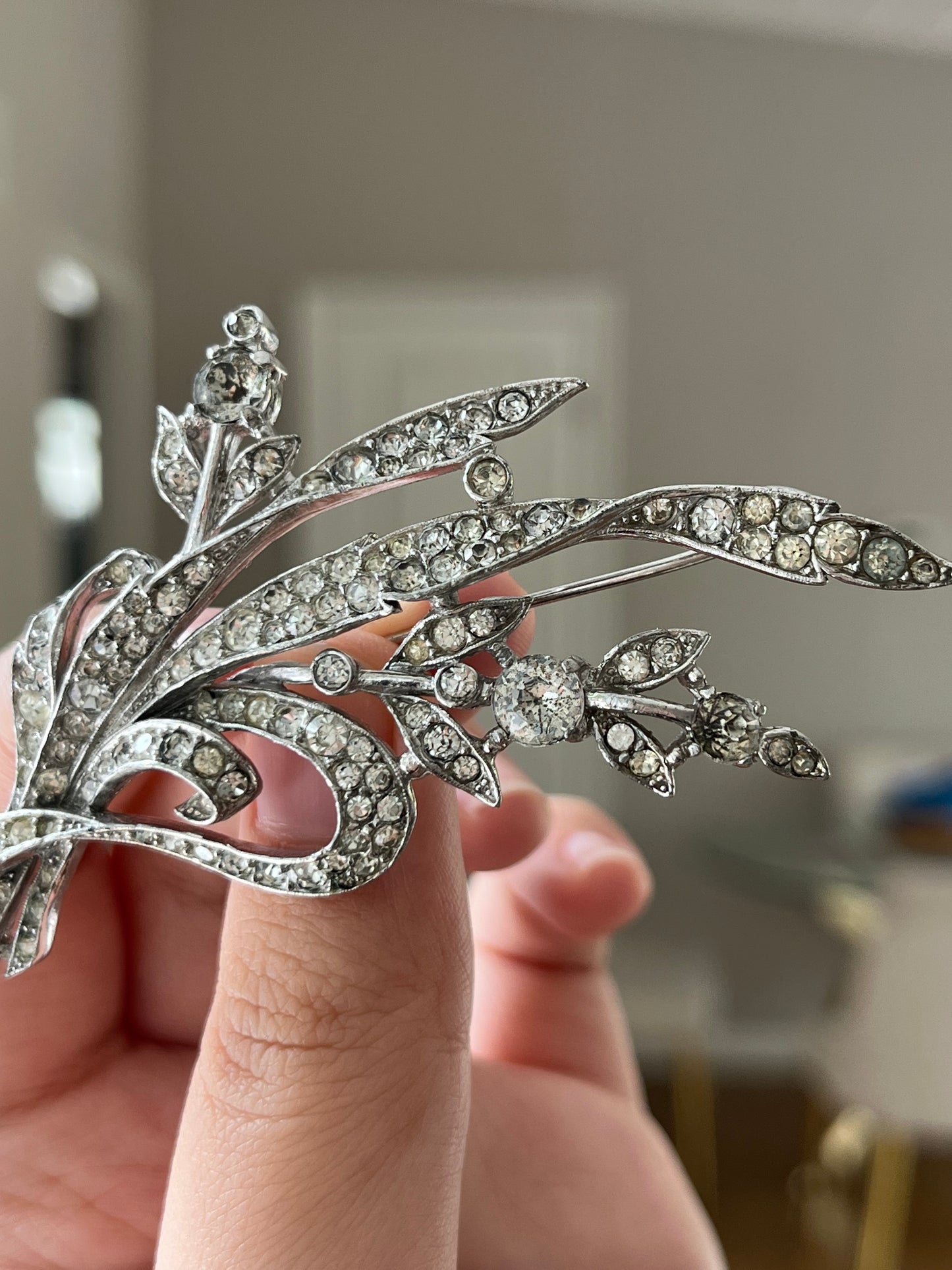 Vintage Crown Trifari 1941 Alfred Spaney Spray Bouquet Flower Rhinestone Silver-Tone Brooch