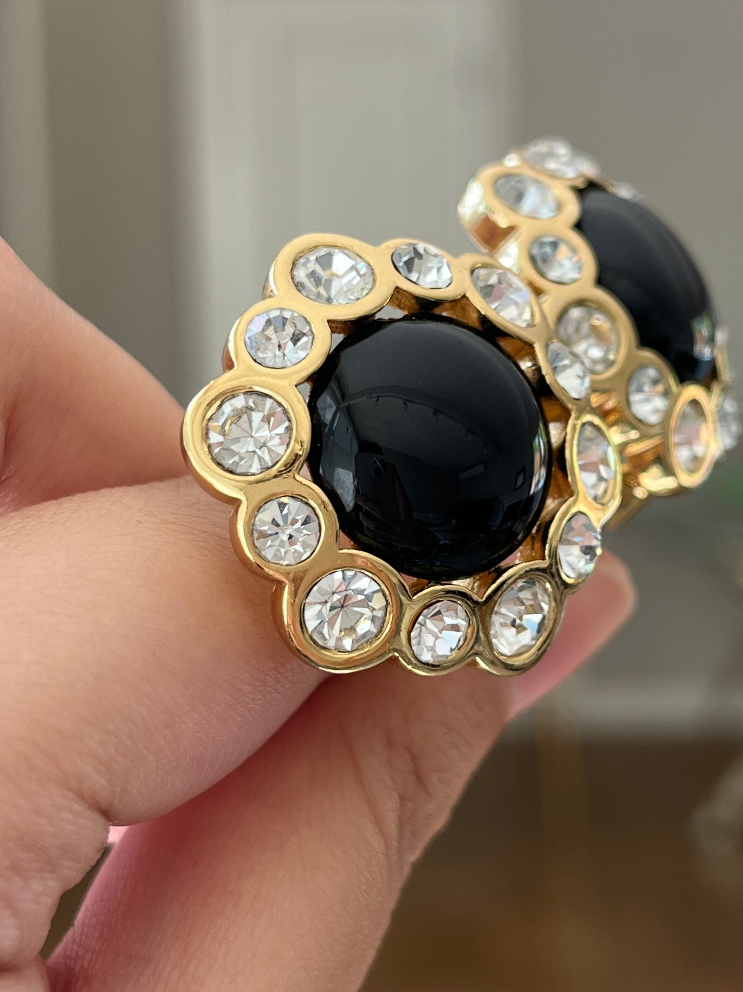 Vintage Christian Dior Flower Round Black Poured Glass Cabochon Large Rhinestone Edge Gold-Tone Clip-On Earrings