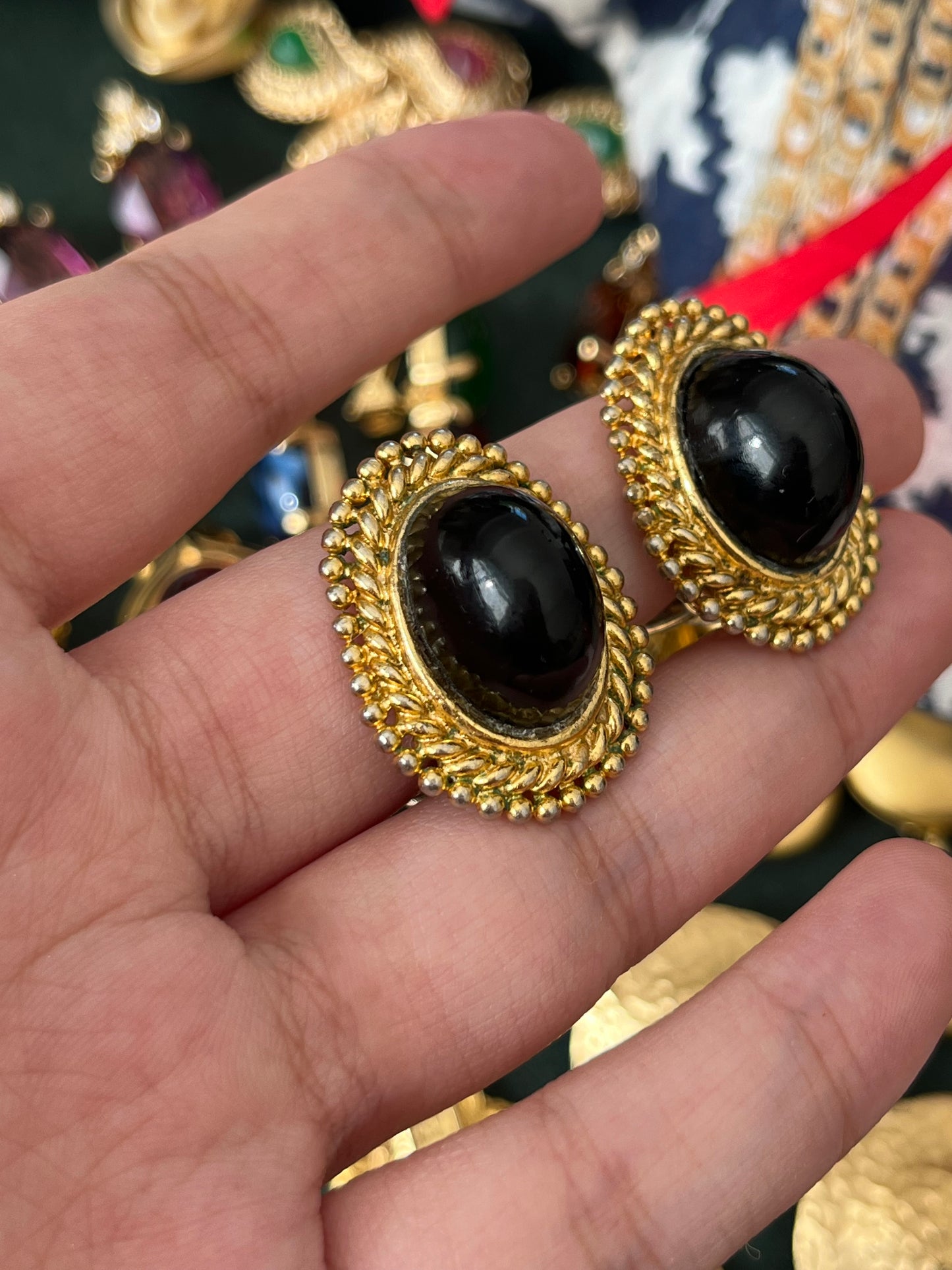 Vintage Christian Dior 1971 Irregular Black Poured Glass Cabochon Dotted Braided Edge Gold-Tone Clip-On Earrings