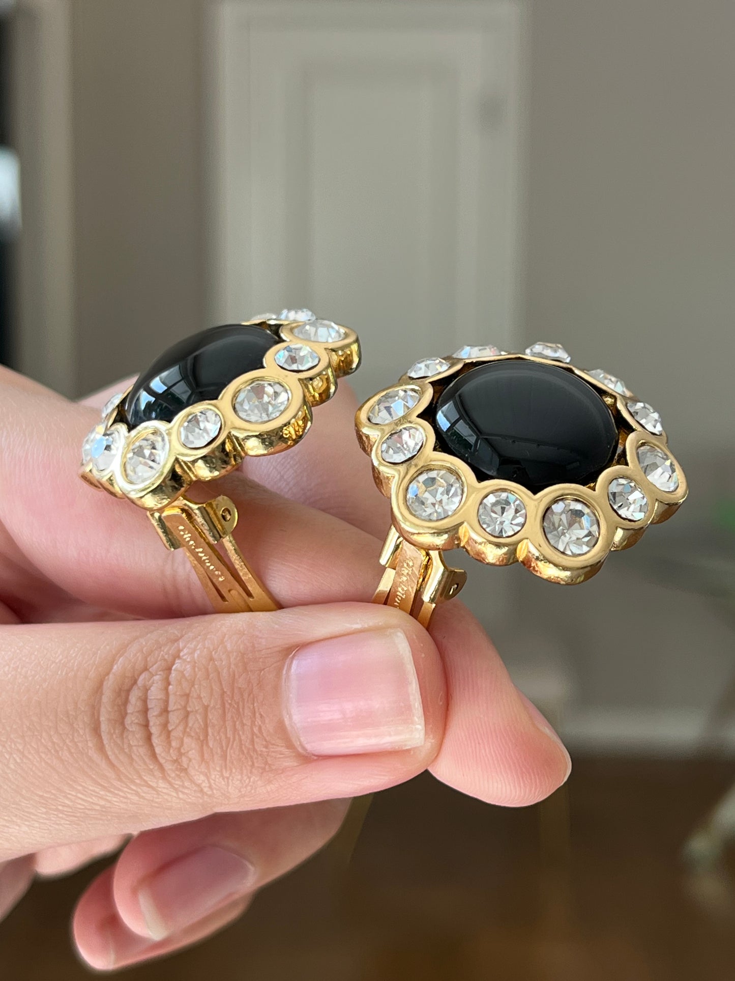 Vintage Christian Dior Flower Round Black Poured Glass Cabochon Large Rhinestone Edge Gold-Tone Clip-On Earrings