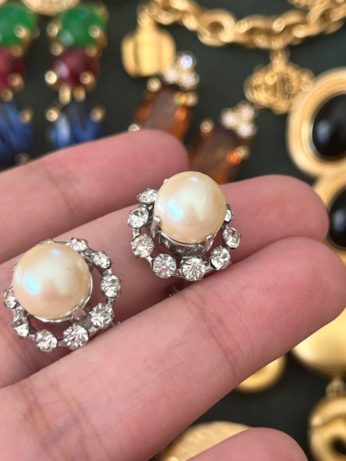 Vintage Christian Dior 1960 Pearl with Rhinestone Edge Mini Round Silver-Tone Clip-On Earrings