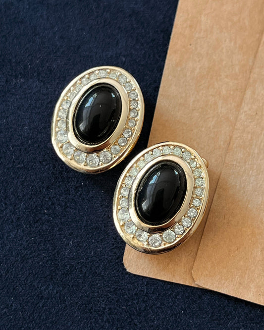 Vintage Christian Dior Oval Black Poured Glass Cabochon Rhinestone Edge Gold-Tone Clip-On Earrings