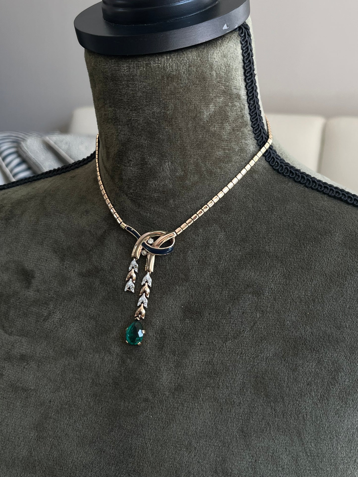 Vintage Trifari “Empress Eugénie” Collection 1940s Oval Topaz Droplet Gold Silver Two-Tone Y Necklace