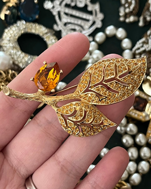 Vintage Christian Dior Leaf Branch Teardrop Orange Rhinestone Prong Gold-Tone Brooch