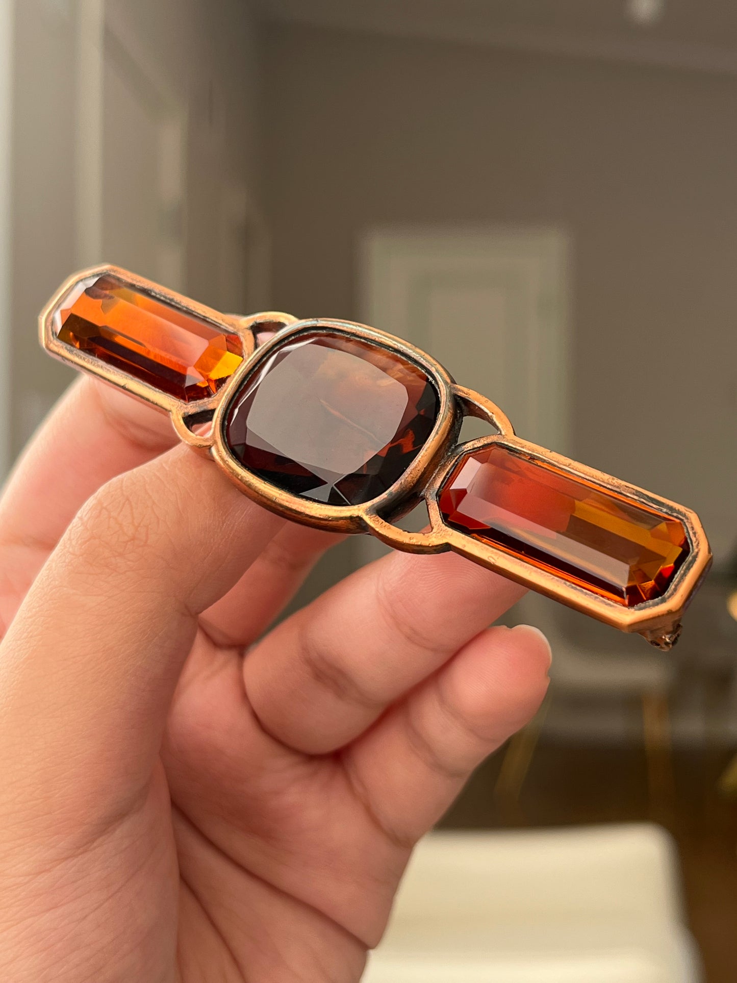 Vintage Yves Saint Laurent YSL Large Open Back Brown Rhinestone Rose Gold-Tone Bar Brooch