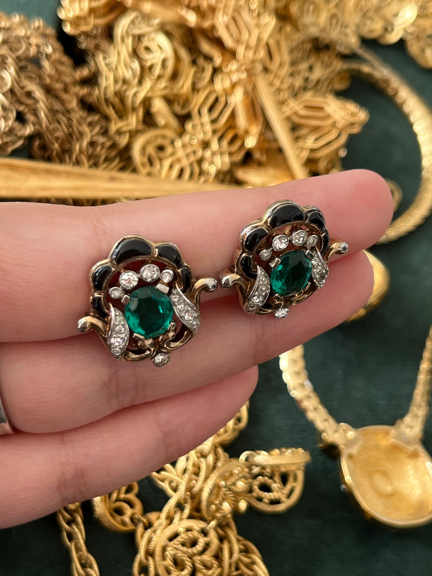Vintage Trifari “Empress Eugénie” Collection 1940s Oval Topaz Rhinestone Navy Emerald Gold-Tone Clip-On Earrings
