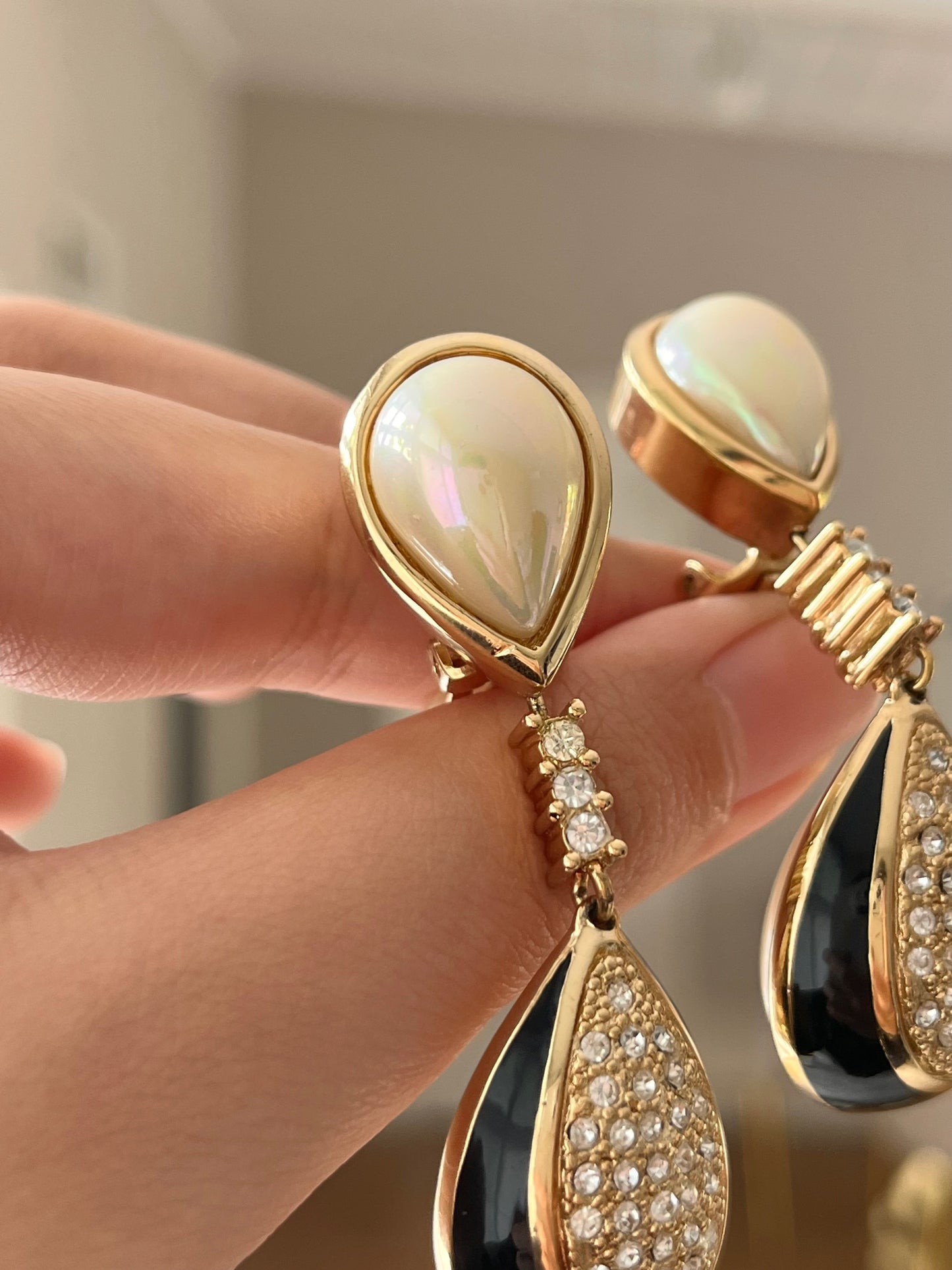 Vintage Christian Dior Pearl Black Enamel Rhinestone Pavé Teardrop Dangle Drop Long Shoulder Brush Two-Side Gold-Tone Clip-On Earrings