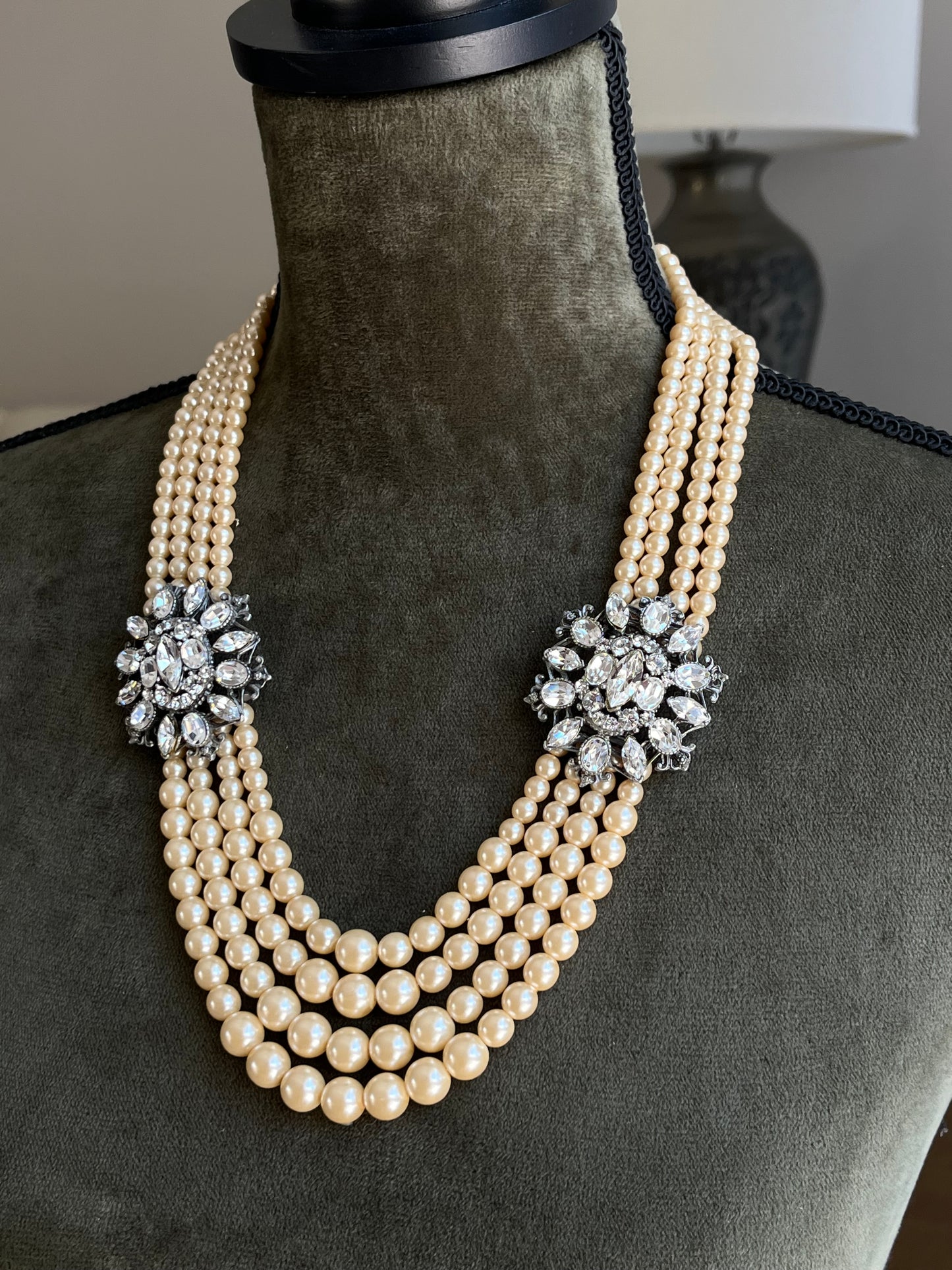 Vintage Ben-Amun Maltese Flower Accent Pearl Beaded Four-Stranded Layered Long Silver-Tone Statement Necklace