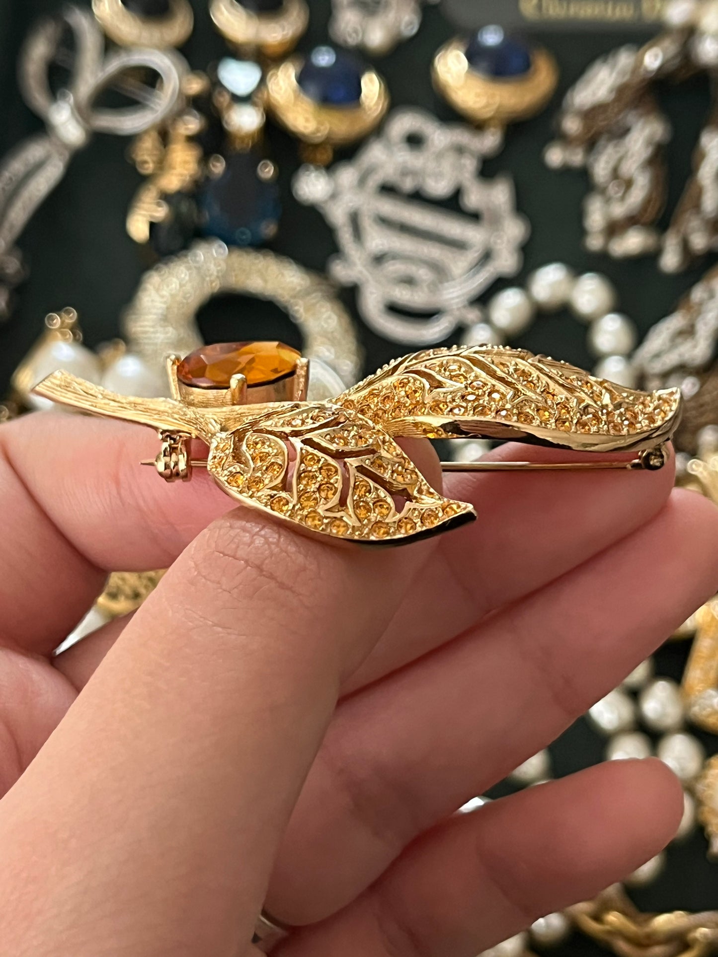Vintage Christian Dior Leaf Branch Teardrop Orange Rhinestone Prong Gold-Tone Brooch