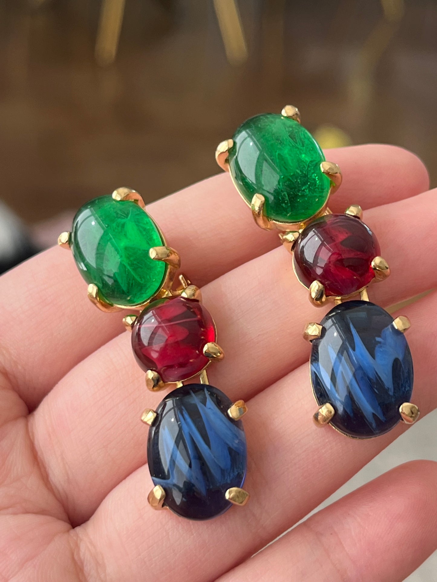 Vintage Christian Dior Tri-Color Oval Poured Swirly Glass Cabochon Prong Drop Gold-Tone Clip-On Earrings