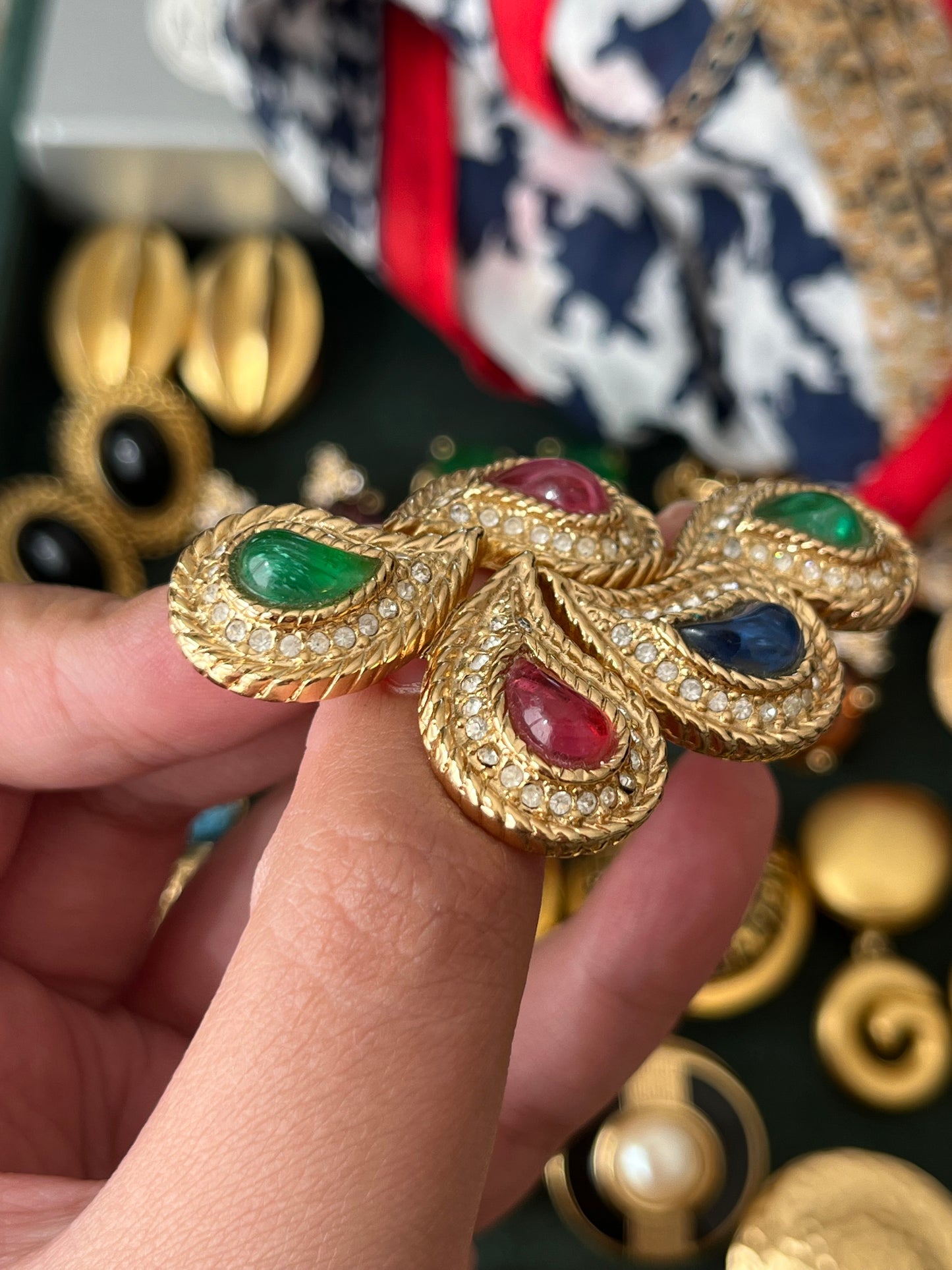 Vintage Christian Dior "Phoenix's Feather" Paisley Tri-Color Poured Glass Cabochon Gold-Tone Brooch