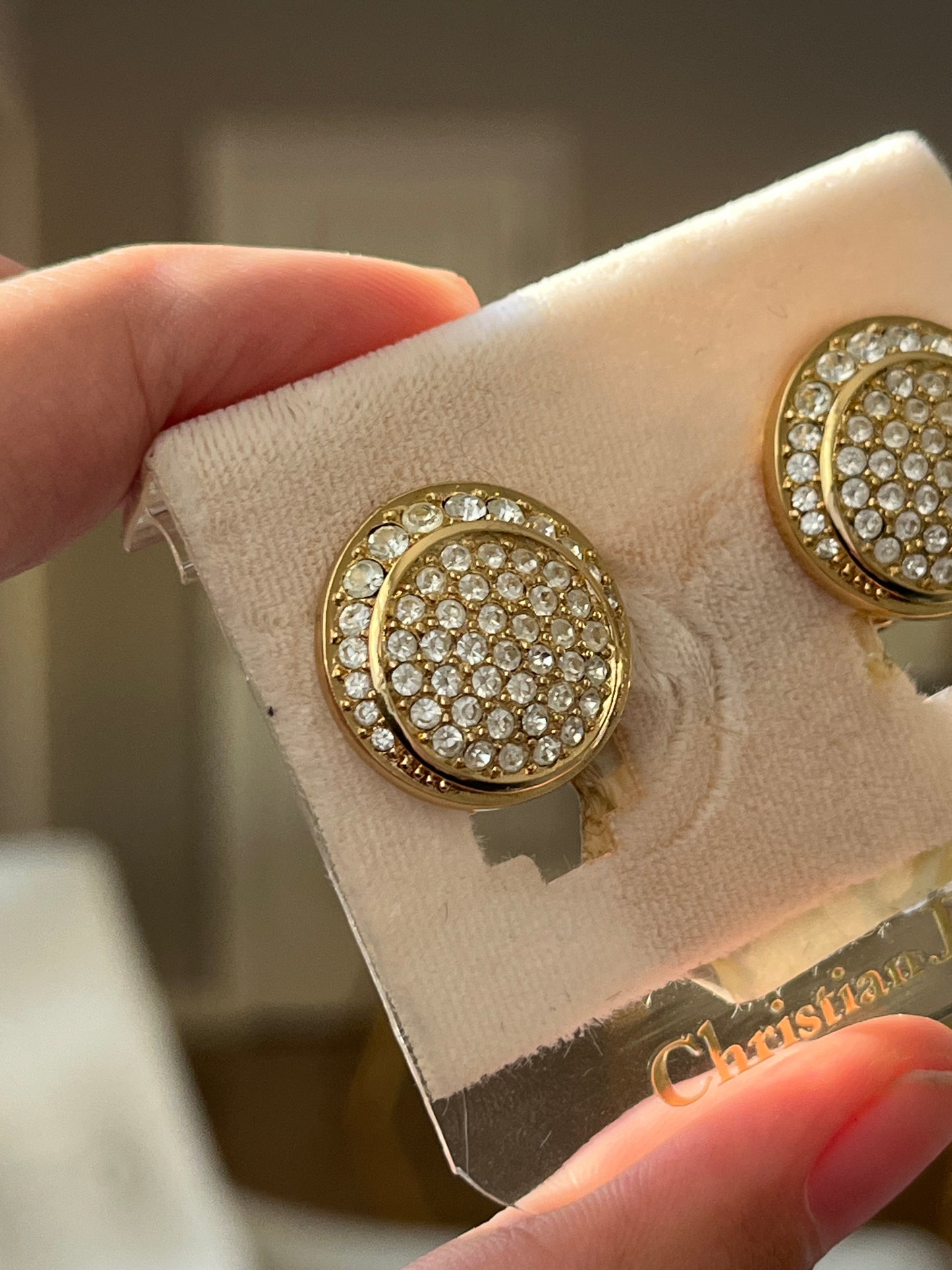 Vintage Christian Dior Rhinestone Pavé Round Gold-Tone Clip-On Earrings with Card