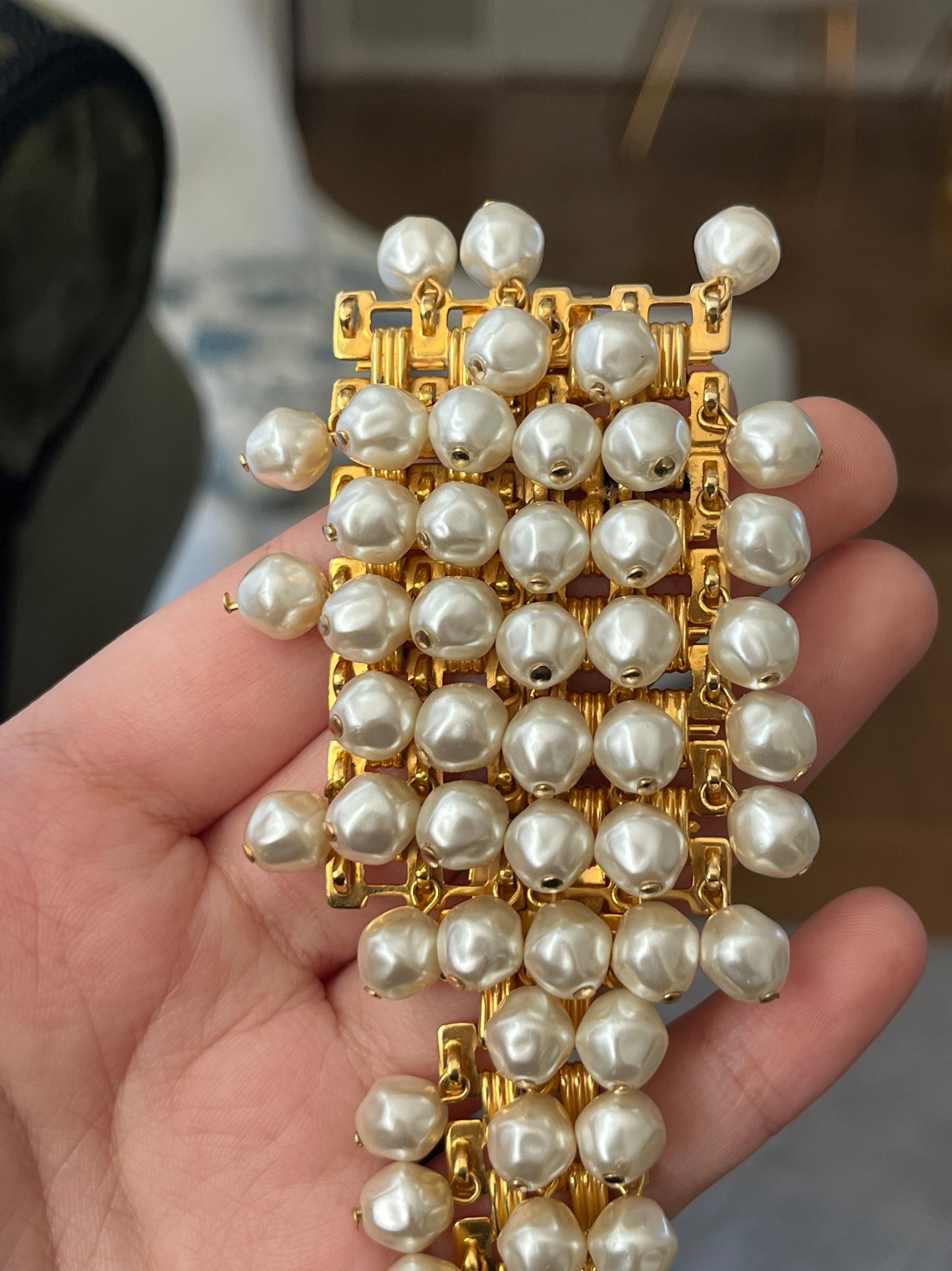 Vintage Christian Dior Baroque Pearl Tassel Droplet Gold-Tone Wide Waist Chain Belt