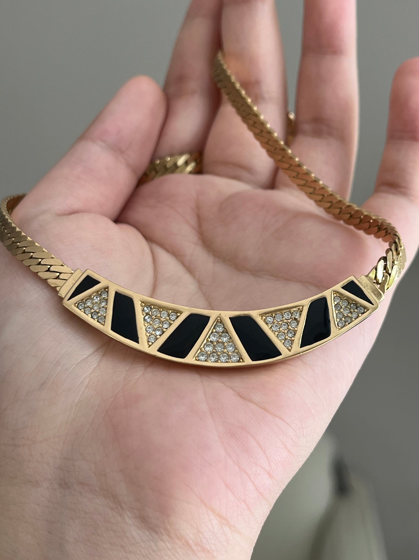 Vintage Christian Dior "Zebra" Crescent Moon Hoop Black Enamel Rhinestone Pavé Gold-Ton Chain Necklace