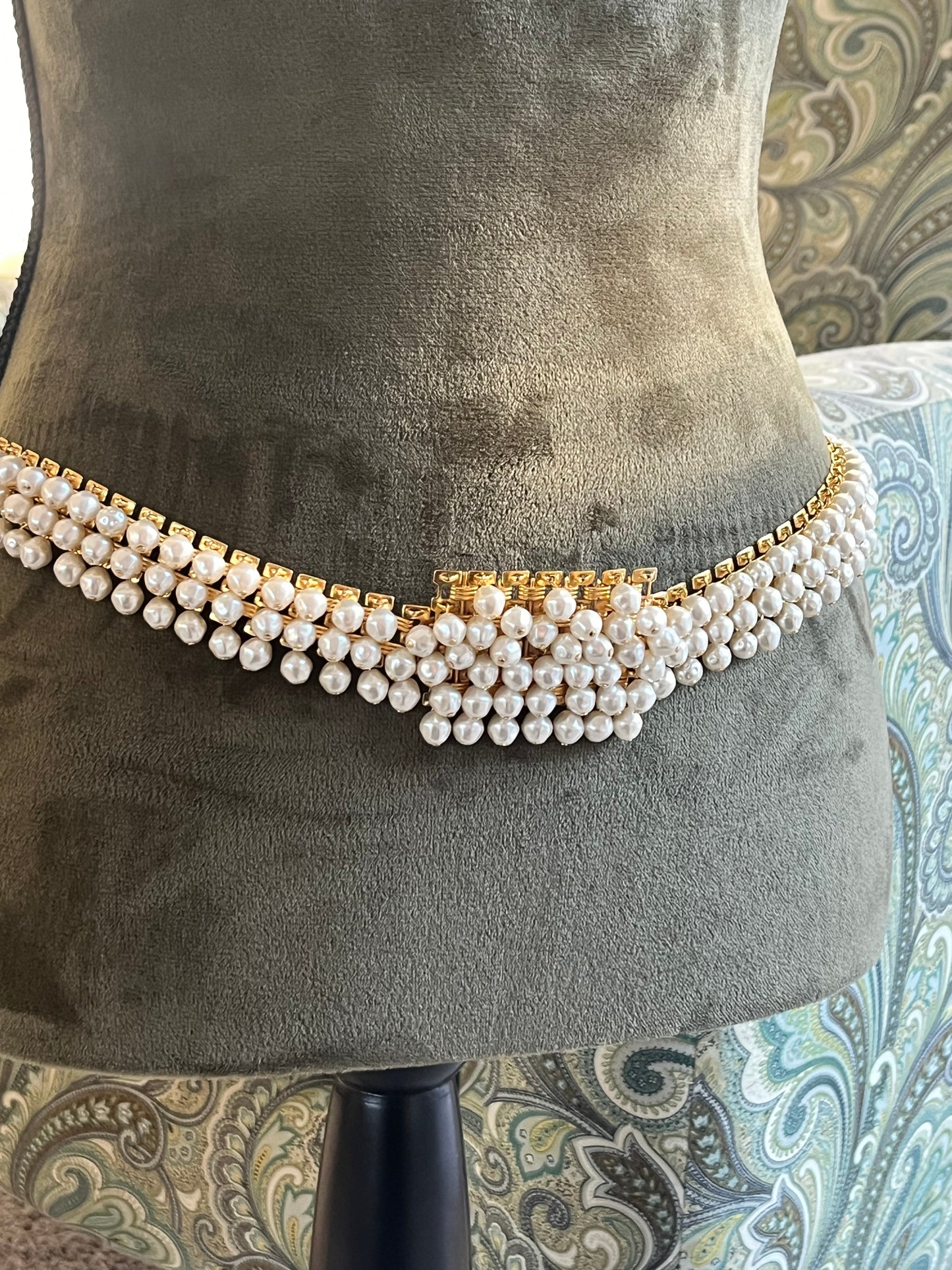 Vintage Christian Dior Baroque Pearl Tassel Droplet Gold-Tone Wide Waist Chain Belt