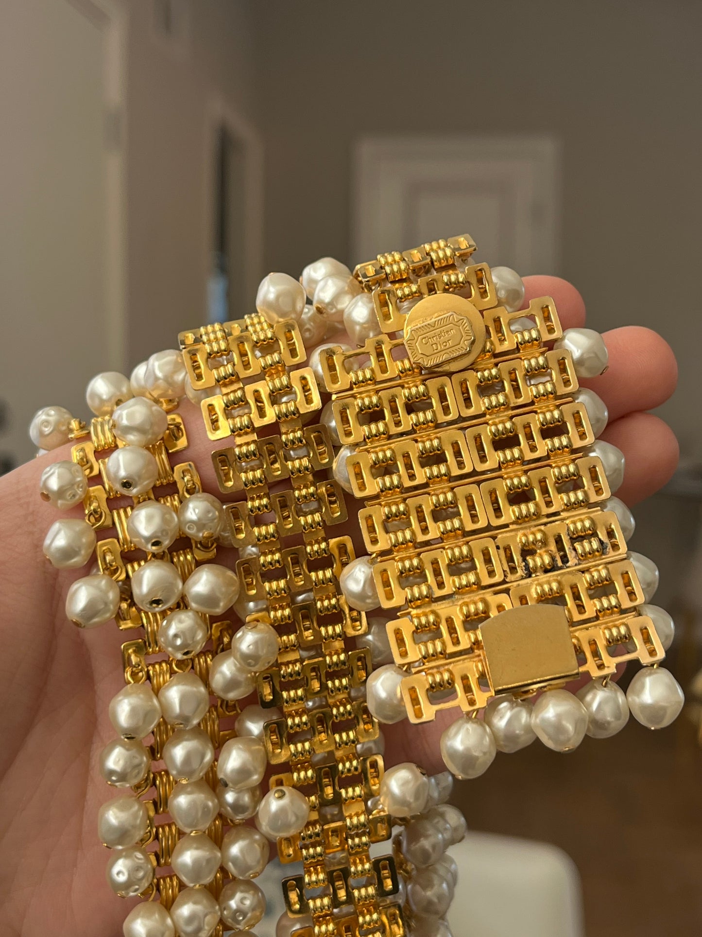 Vintage Christian Dior Baroque Pearl Tassel Droplet Gold-Tone Wide Waist Chain Belt