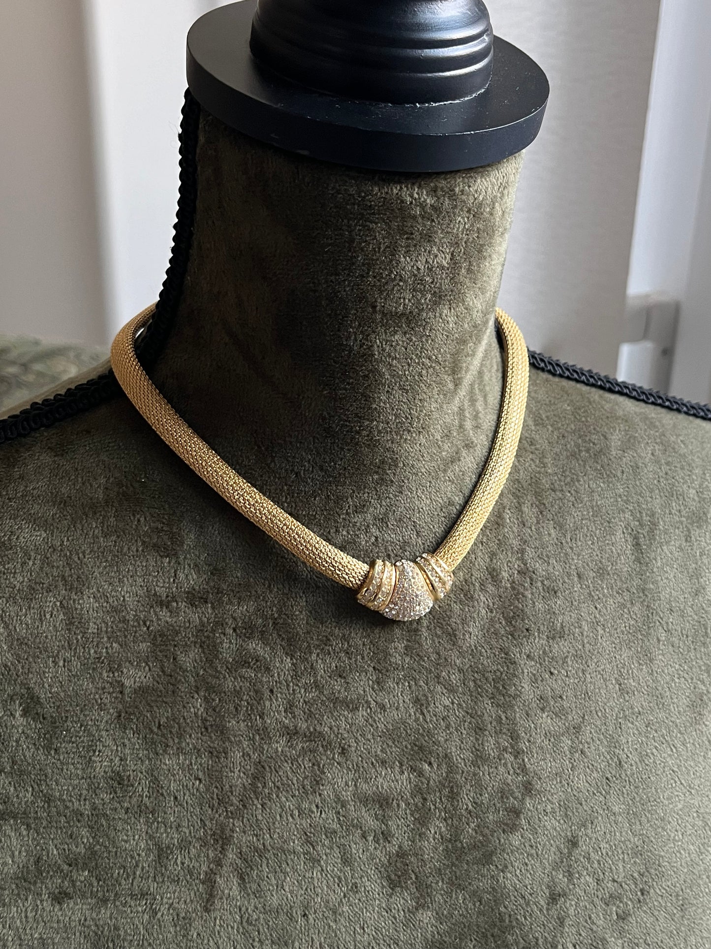 Vintage Christian Dior Rhinestone Pavé Braided Mesh Chain Gold-Tone Choker Necklace