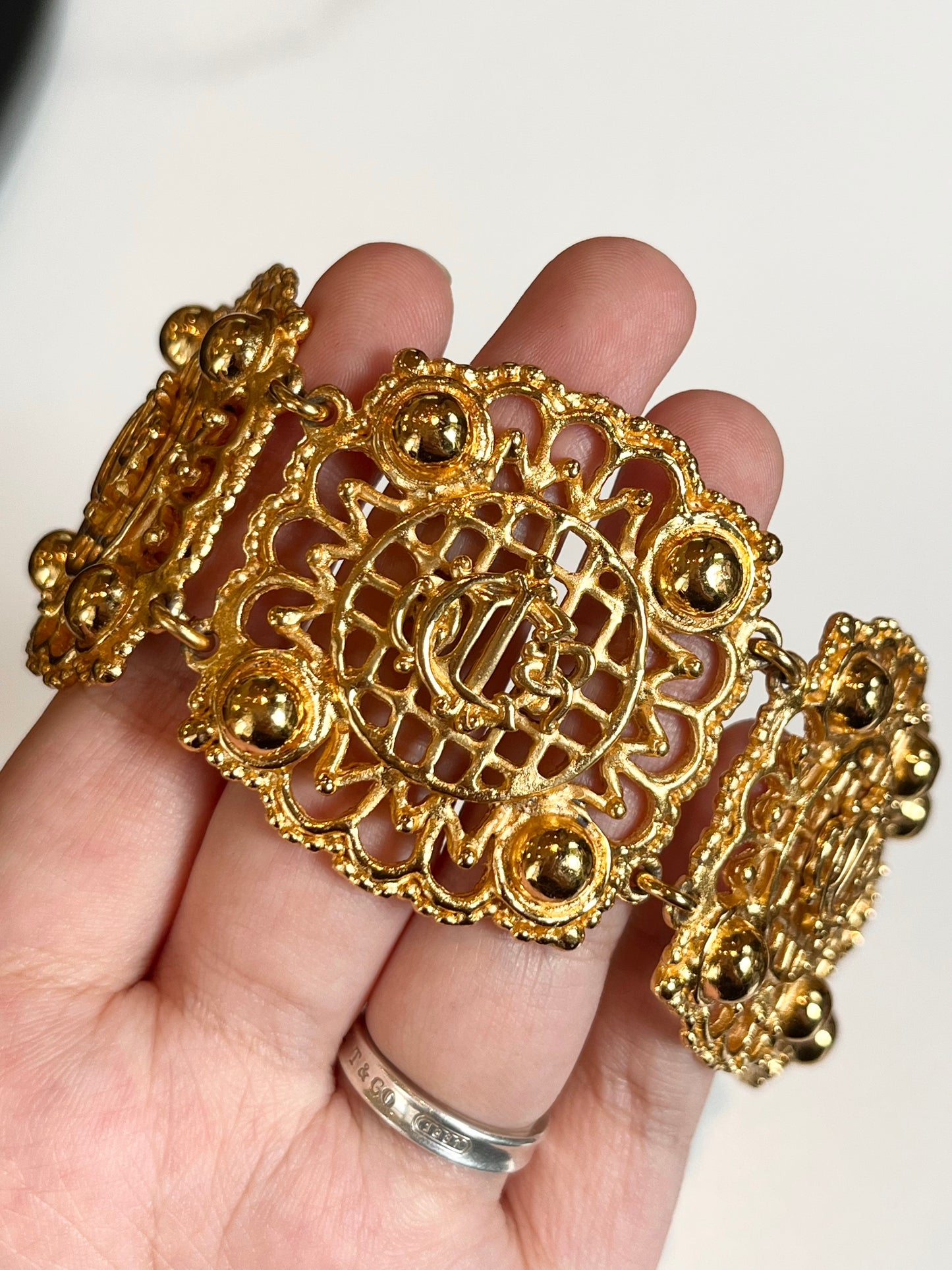 Vintage Christian Dior "Pumpkin Carriage" Collection Classic Monogram Logo Hollow Gold-Tone Bracelet Cuff Bangle