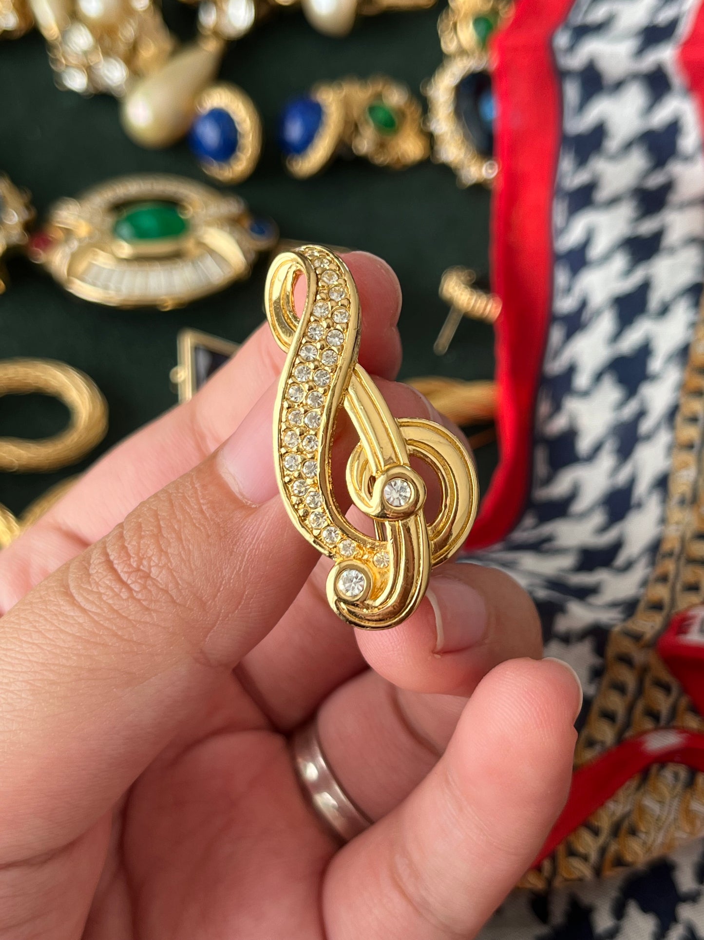 Vintage Christian Dior Treble Clef Music Note Rhinestone Gold-Plated Brooch